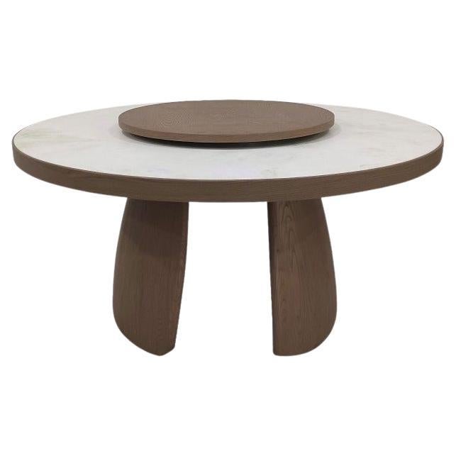 Pebble Dining Table in White Marble w Lazy Susan Grey Oak André Fu Living  For Sale