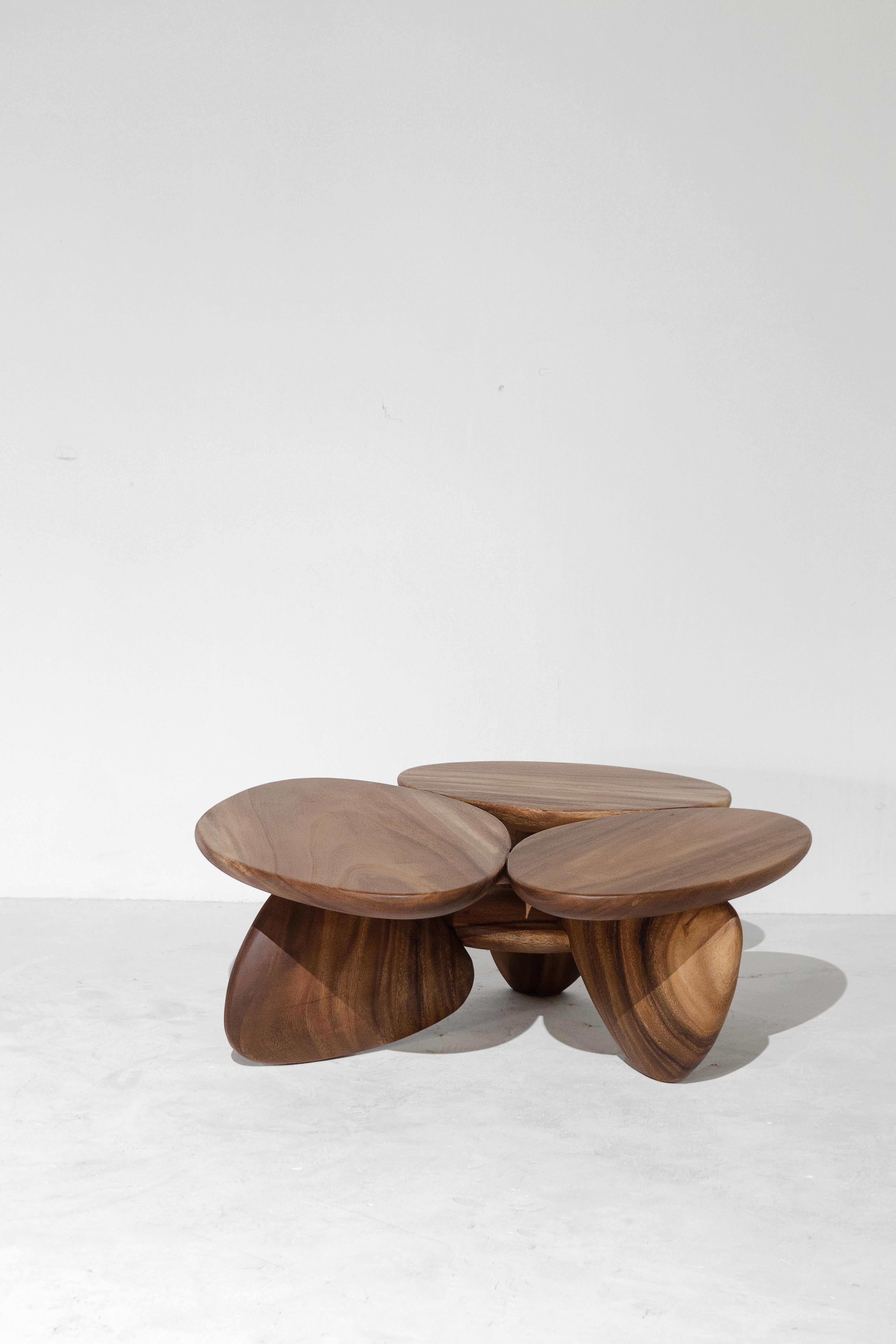 Ein dreibeiniger, niedriger Holztisch, der aussieht wie die Anordnung von Felsen zu einer Struktur. Dieses Werk entstand aus dem Geschick und dem Instinkt eines Handwerksmeisters, wobei die Designer dem Handwerker die Möglichkeit geben, Werke ohne