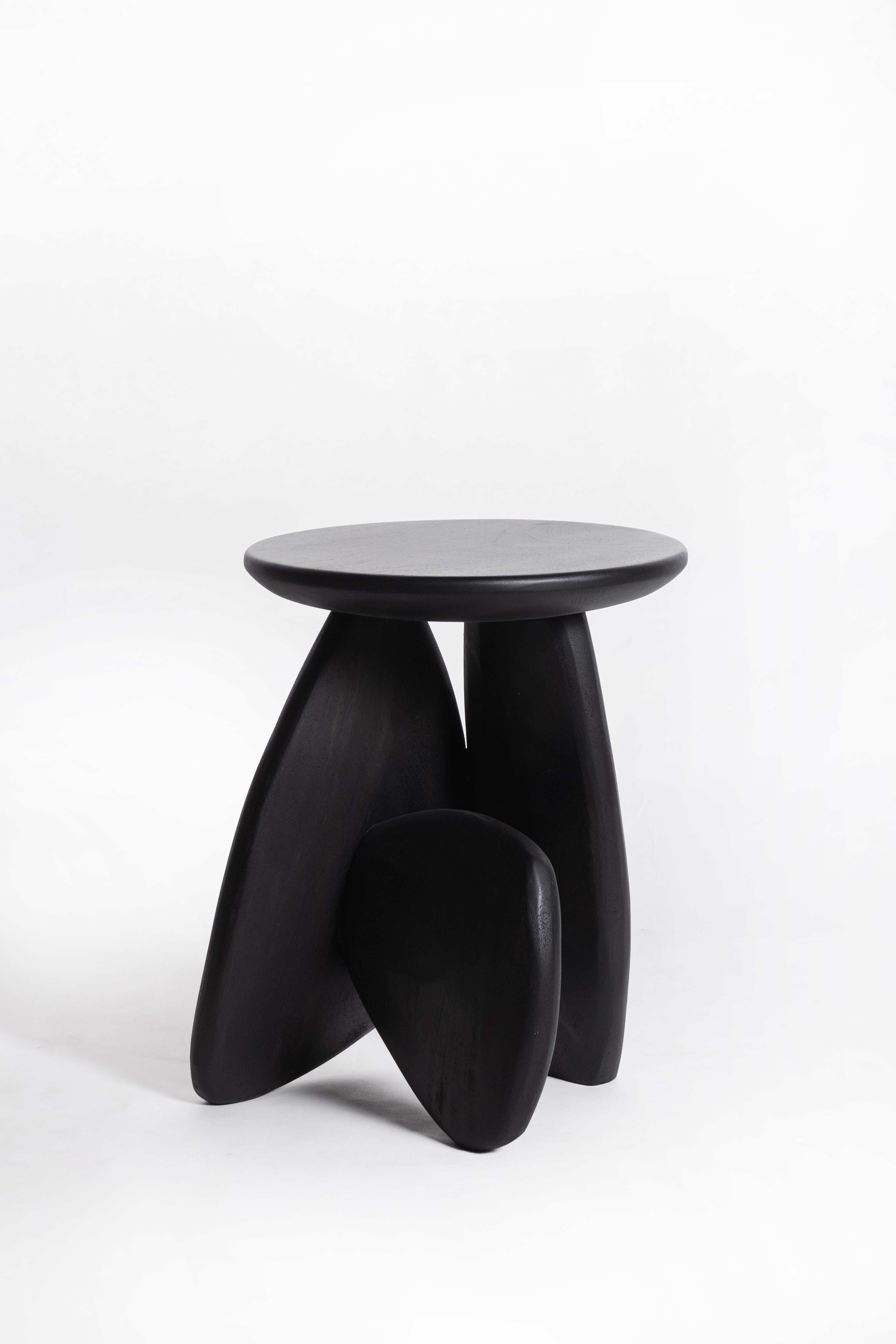 Thai Pebble Stool Type 01, Charcoal Black Wood Finishing For Sale