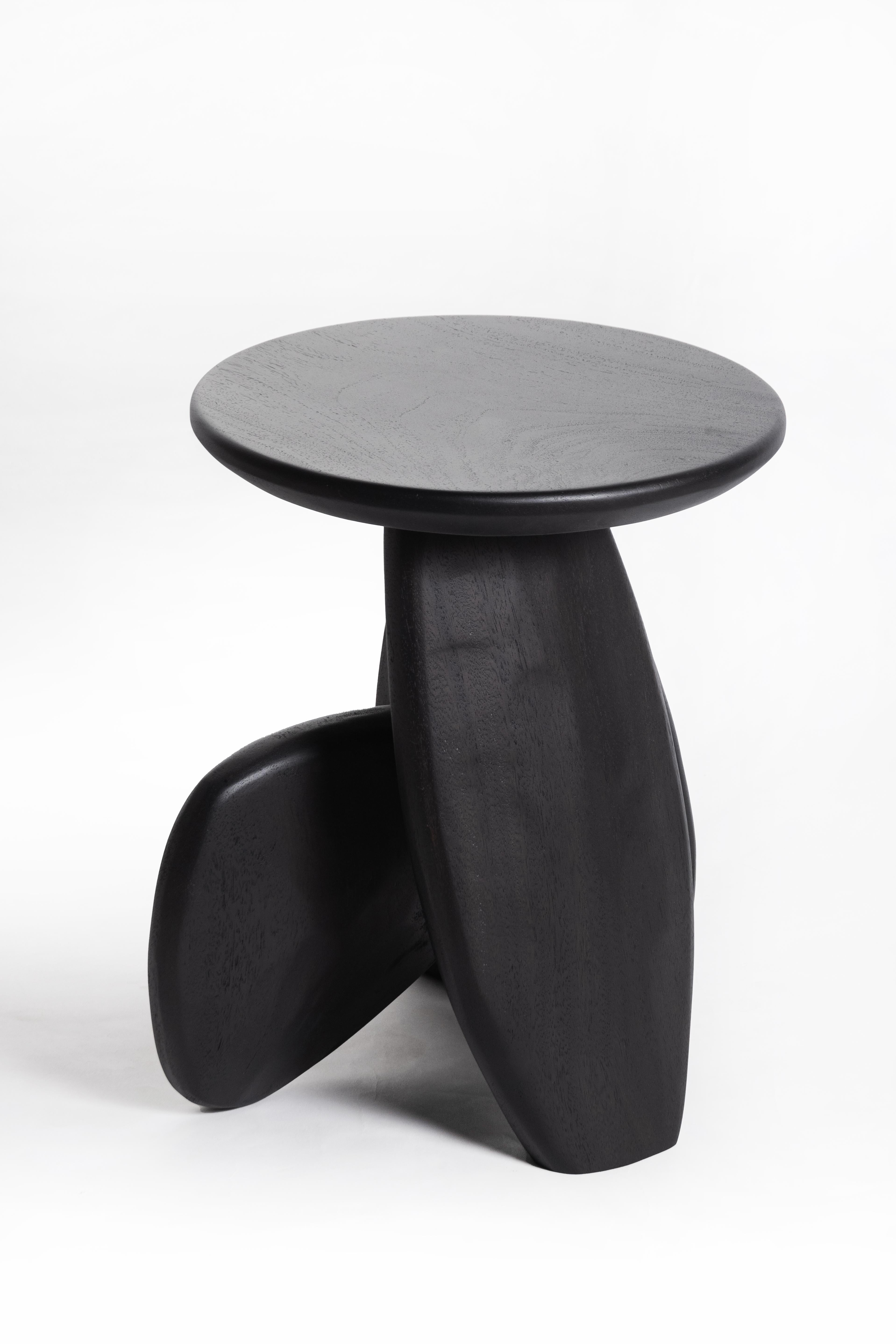 Hand-Crafted Pebble Stool Type 01, Charcoal Black Monkey Pod Wood For Sale