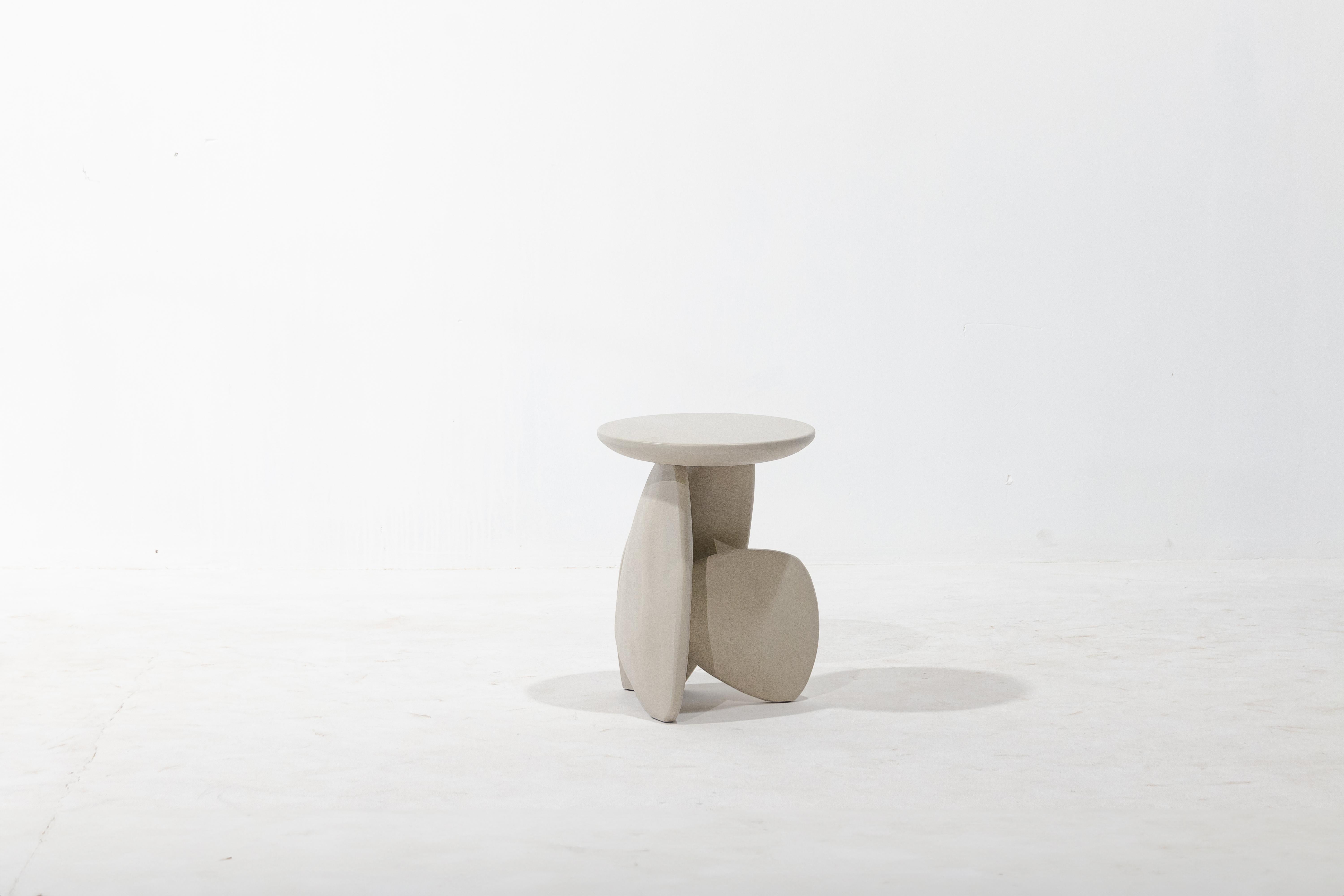 Hand-Crafted Pebble Stool Type 01, Stone White Wood Finishing For Sale