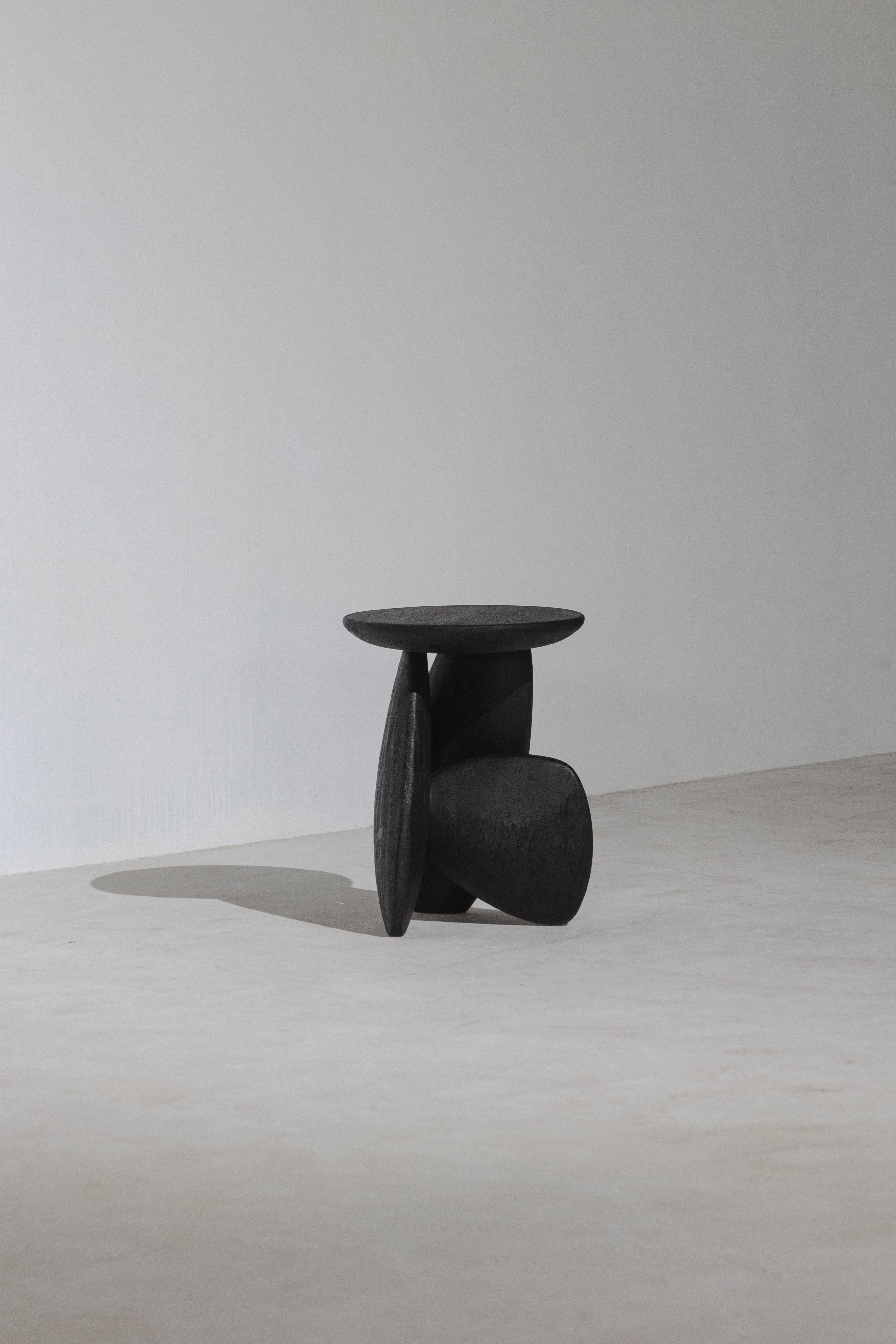 Contemporary Pebble Stool Type 02, Charcoal Black Acacia Wood For Sale
