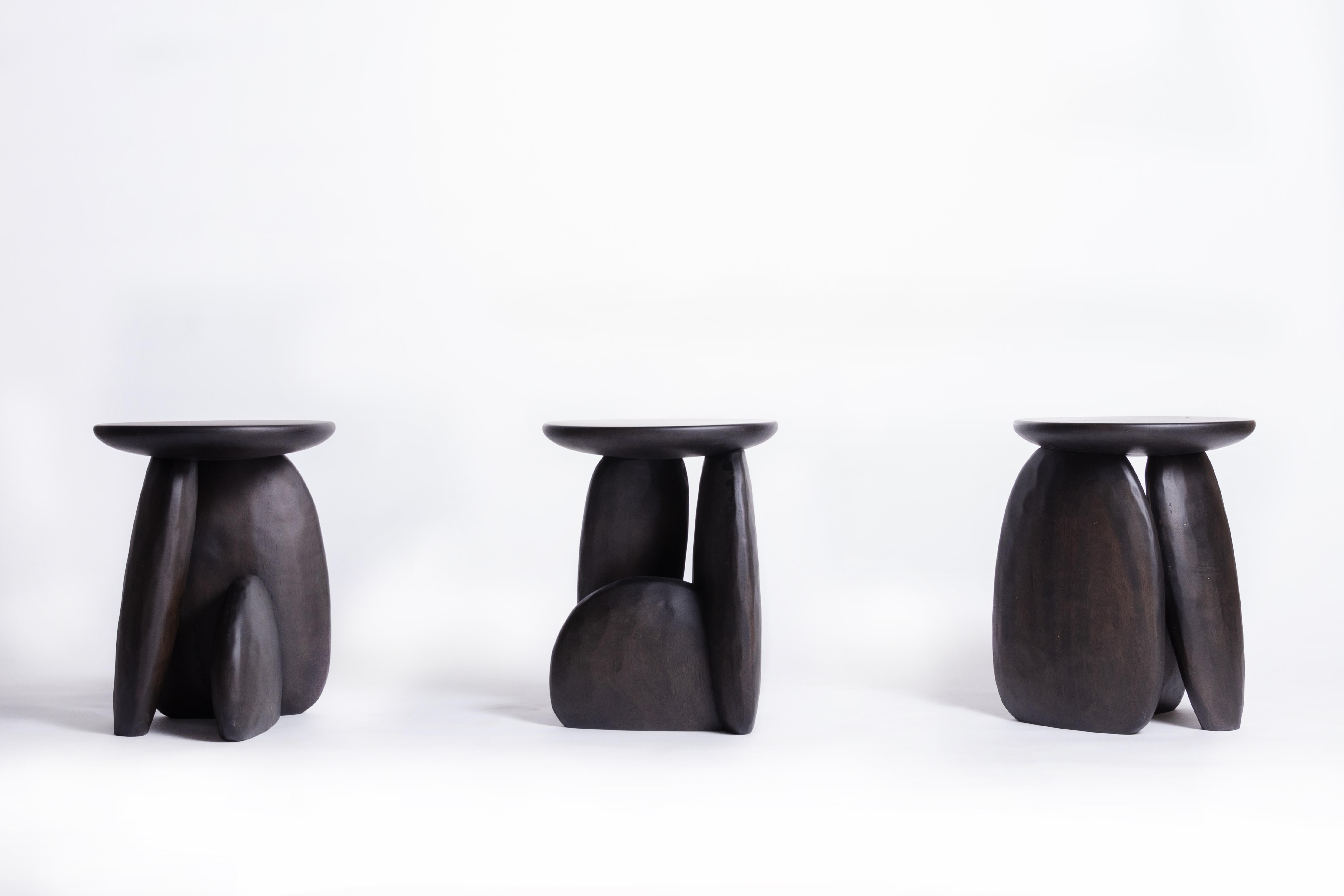 Mid-Century Modern Pebble Stool Type 02, Charcoal Black Acacia Wood For Sale