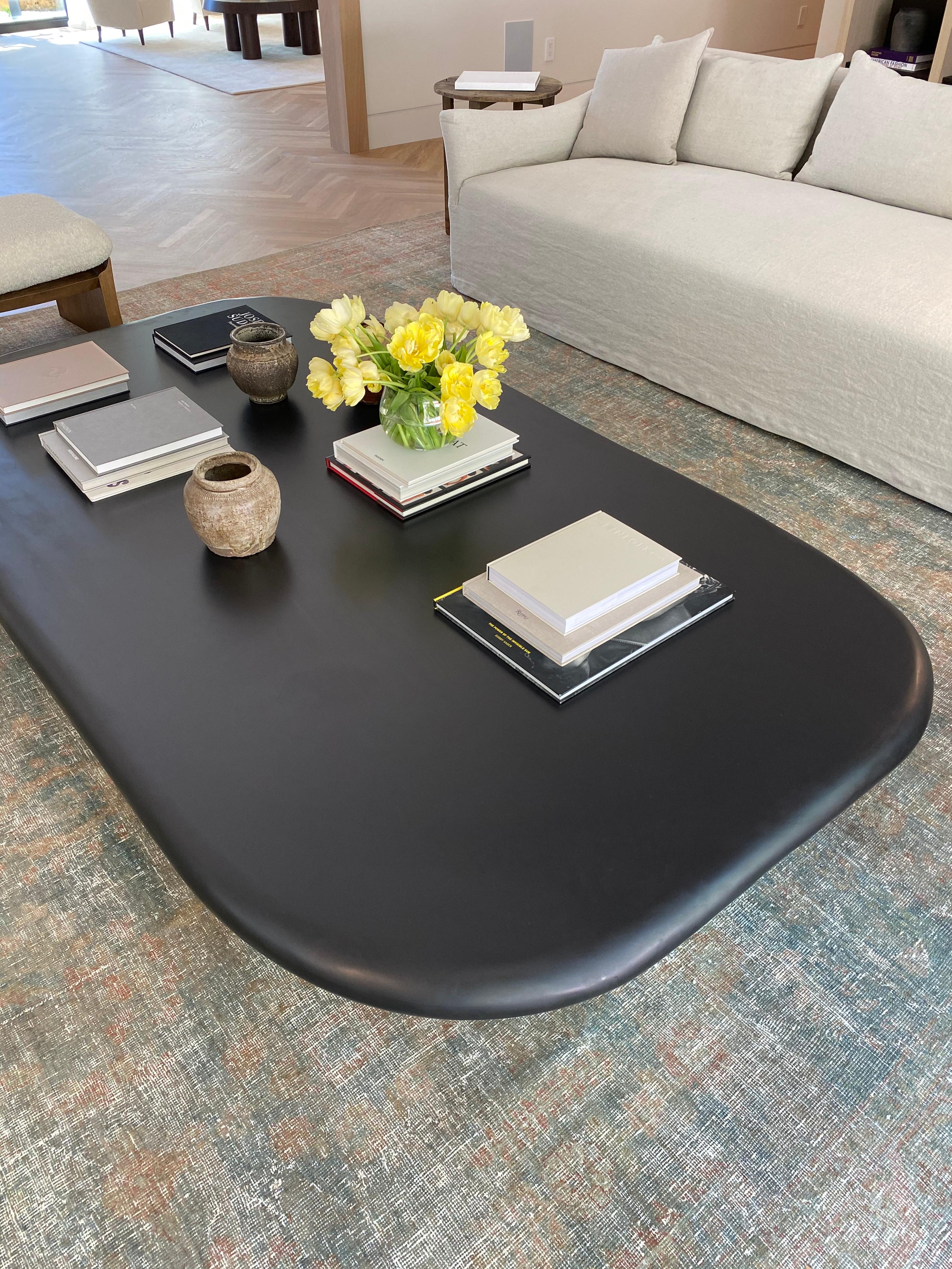 American Pebble Table, Matte Black Stone Table with Rounded Edge and Base For Sale