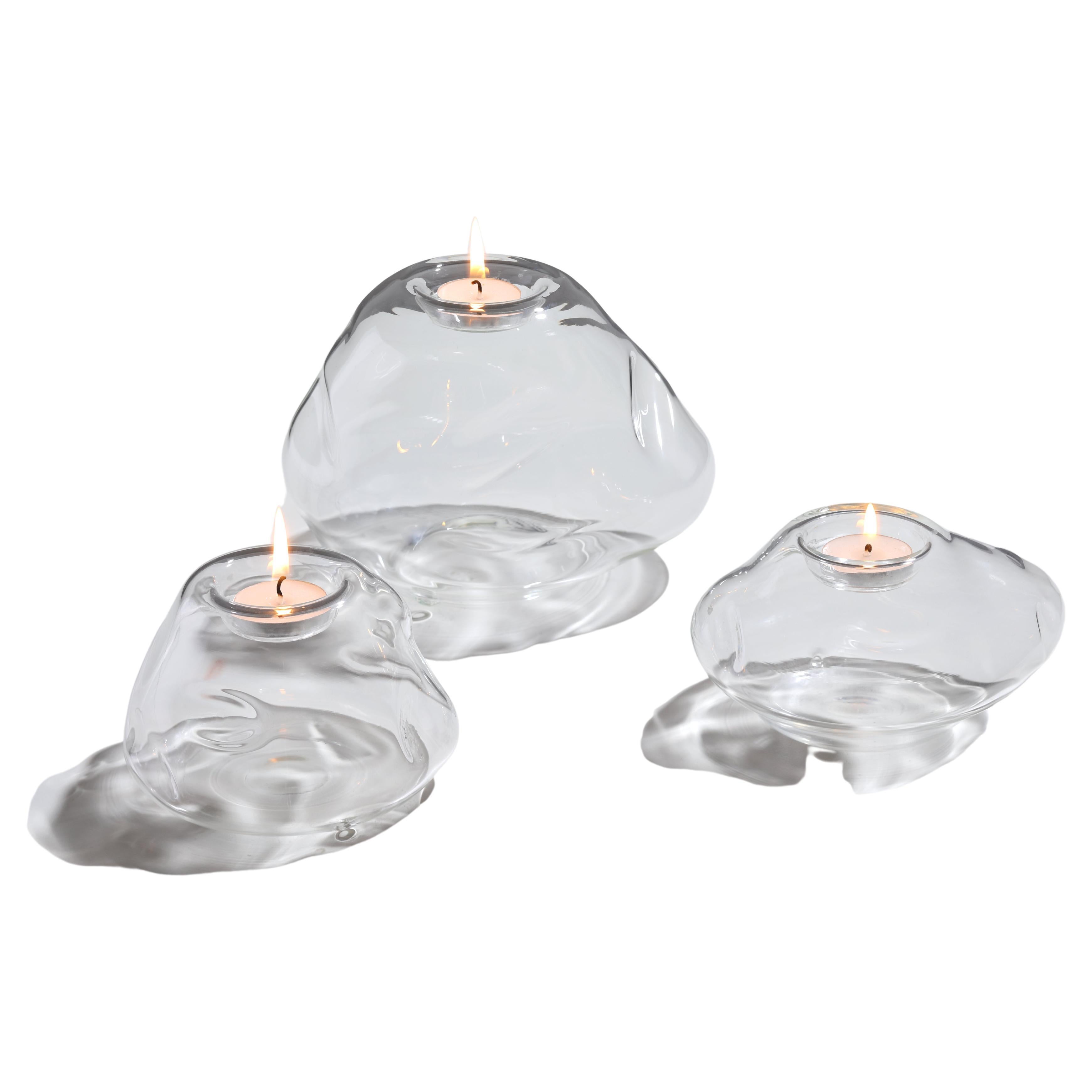 Pebble Tea Light Candle Set Of Three, Glass Candle, Hand Blown Glass Sculpture For Sale