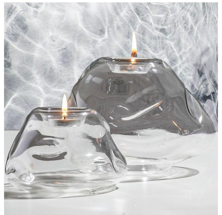 Pebble Tea Light Candle Set of Two Glass Candle Hand Blown Glass Sculpture For Sale at 1stDibs