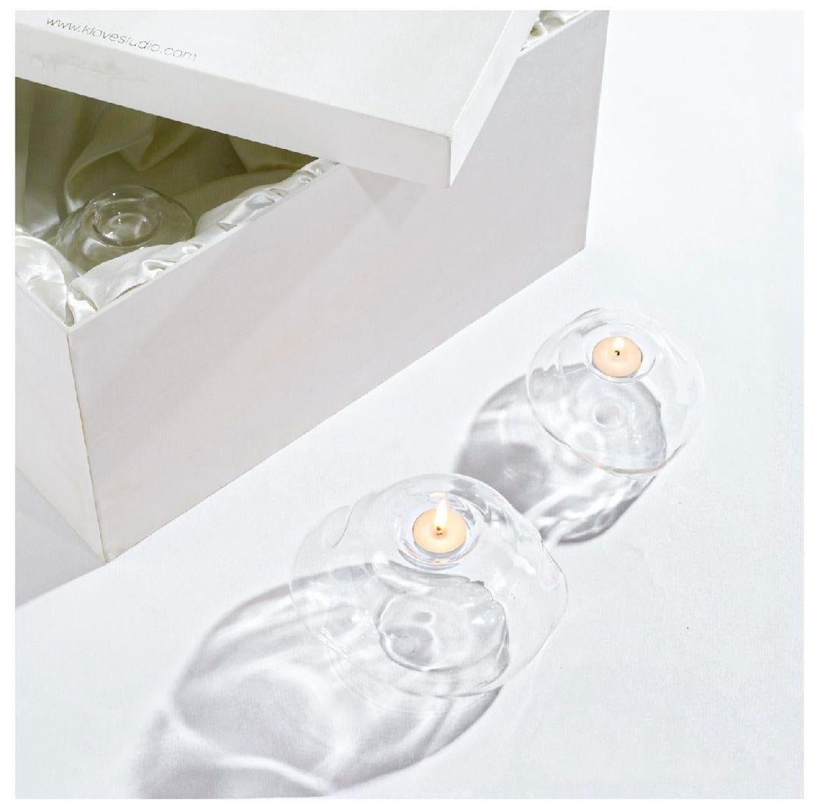 Modern Pebble Tea Light Candle Set of Two, Glass Candle, Hand Blown Glass Sculpture For Sale