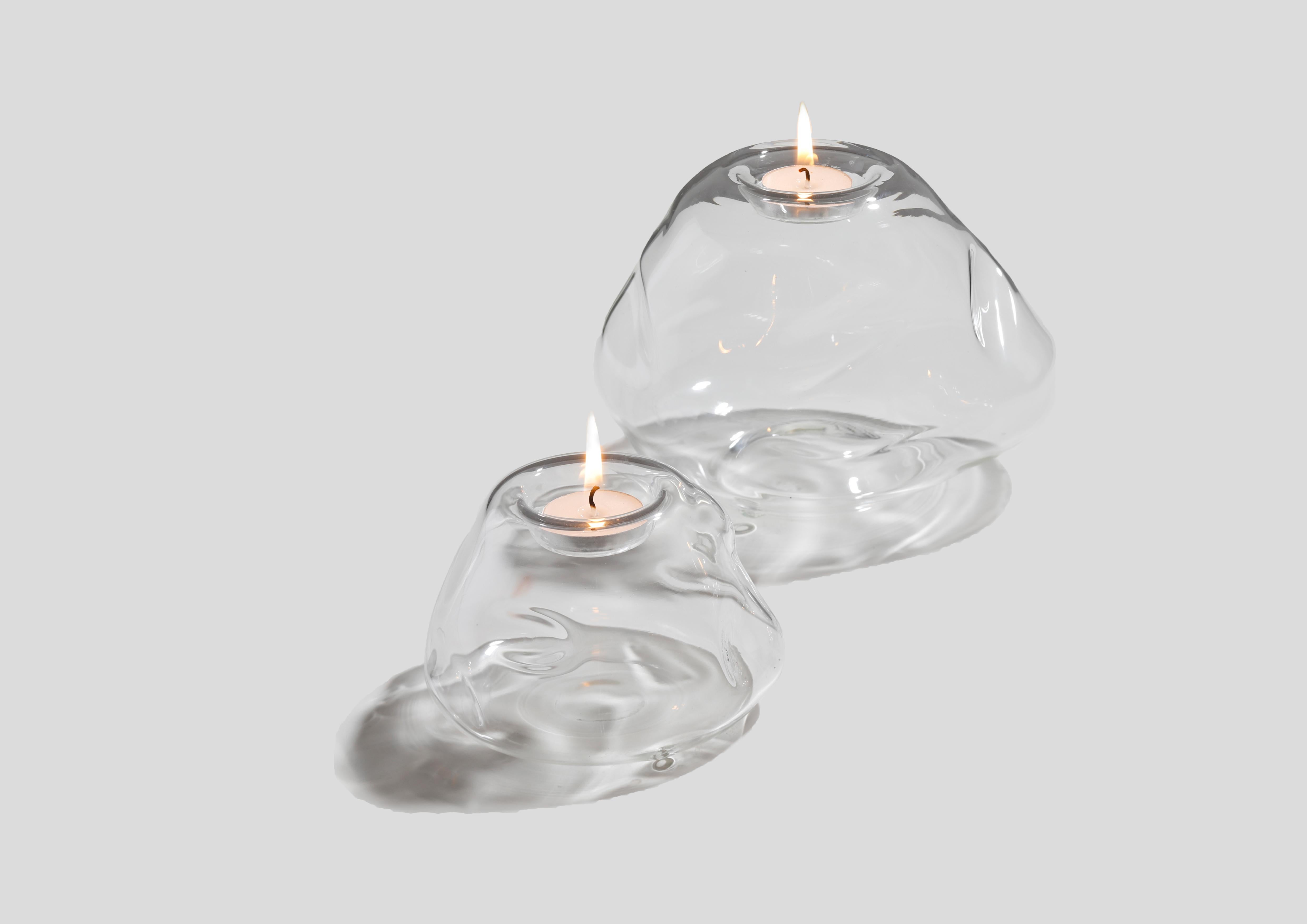 Indian Pebble Tea Light Candle Set of Two, Glass Candle, Hand Blown Glass Sculpture For Sale