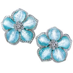 Retro Pebbled Aquamarine and Diamond Flower Earrings, Signed Ambrose