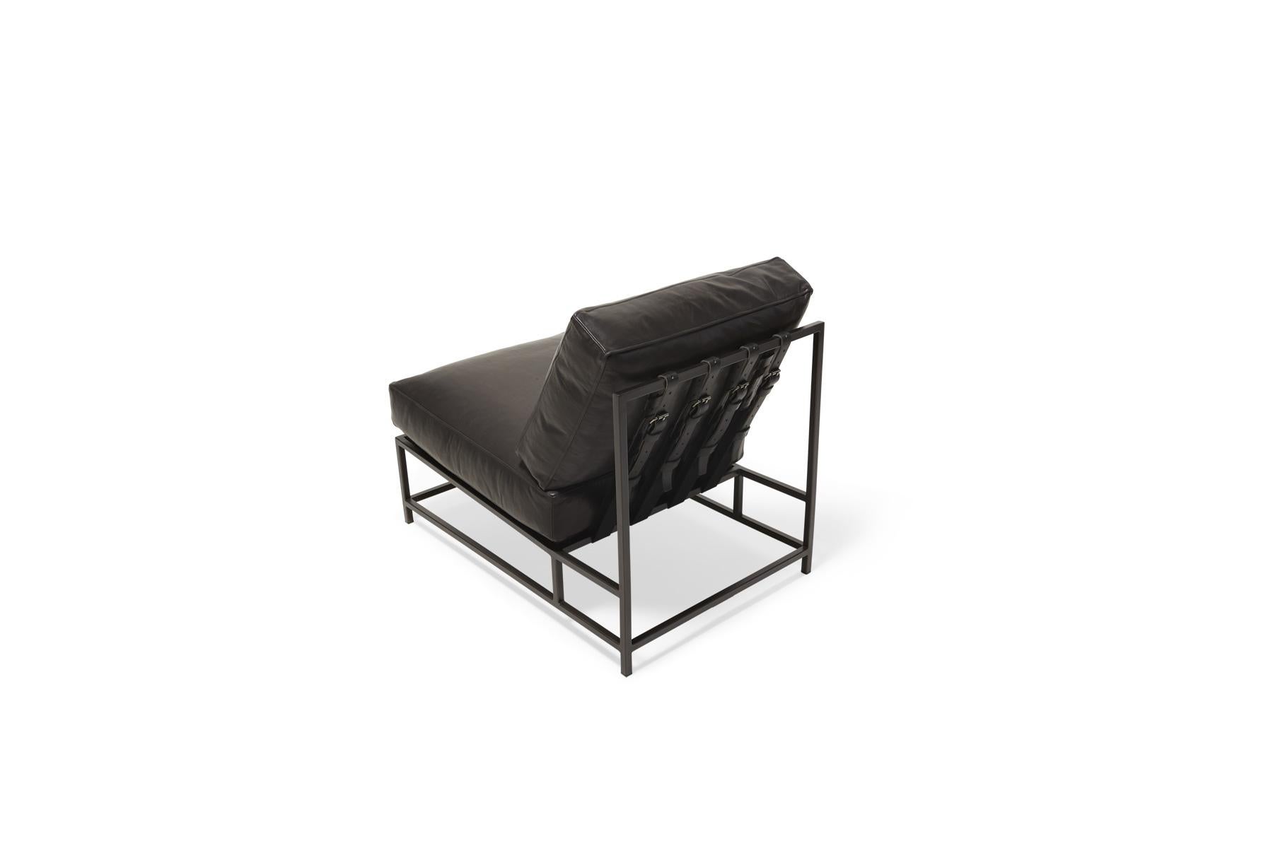 Contemporary Pebbled Black Leather & Blackened Steel Chair For Sale