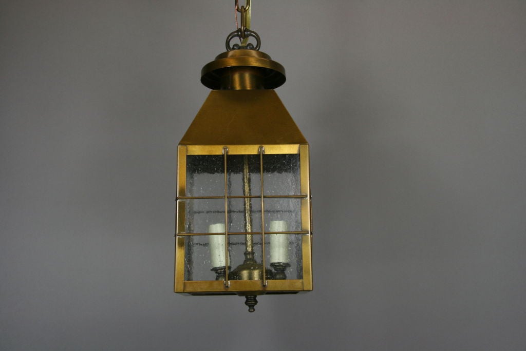 Nautical Pebbled Glass Brass Lantern(2 available) In Good Condition For Sale In Douglas Manor, NY