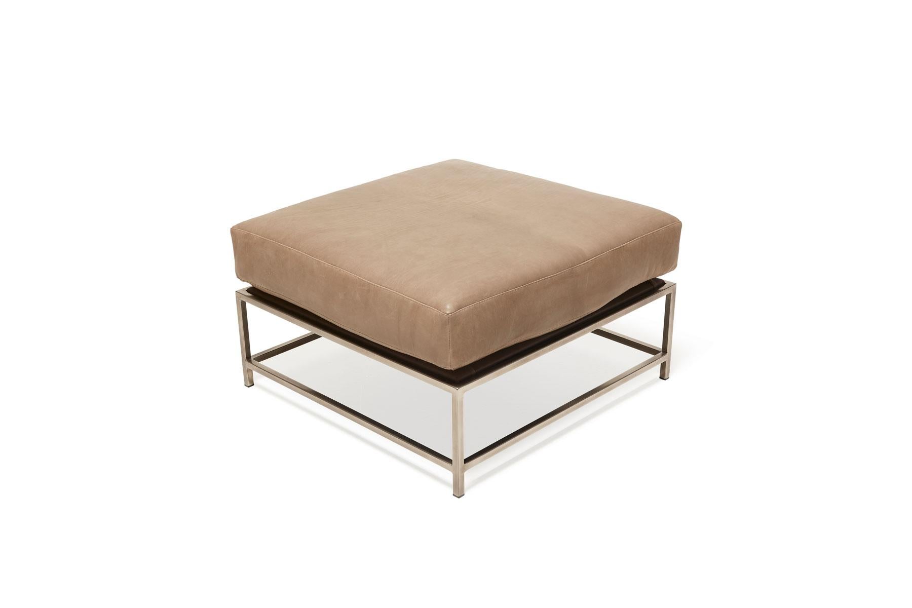 Modern Pebbled Taupe & Antique Nickel Ottoman For Sale