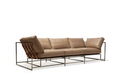 Pebbled Taupe Leather & Antique Nickel Sofa