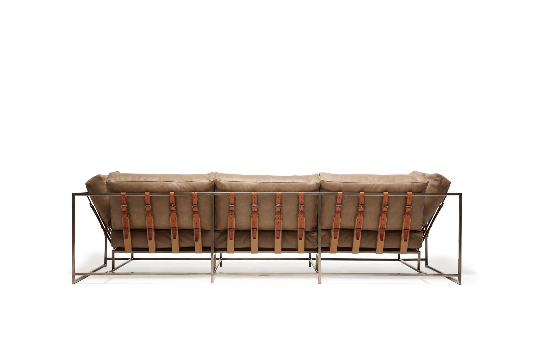 Modern Pebbled Taupe Leather & Antique Nickel Sofa For Sale