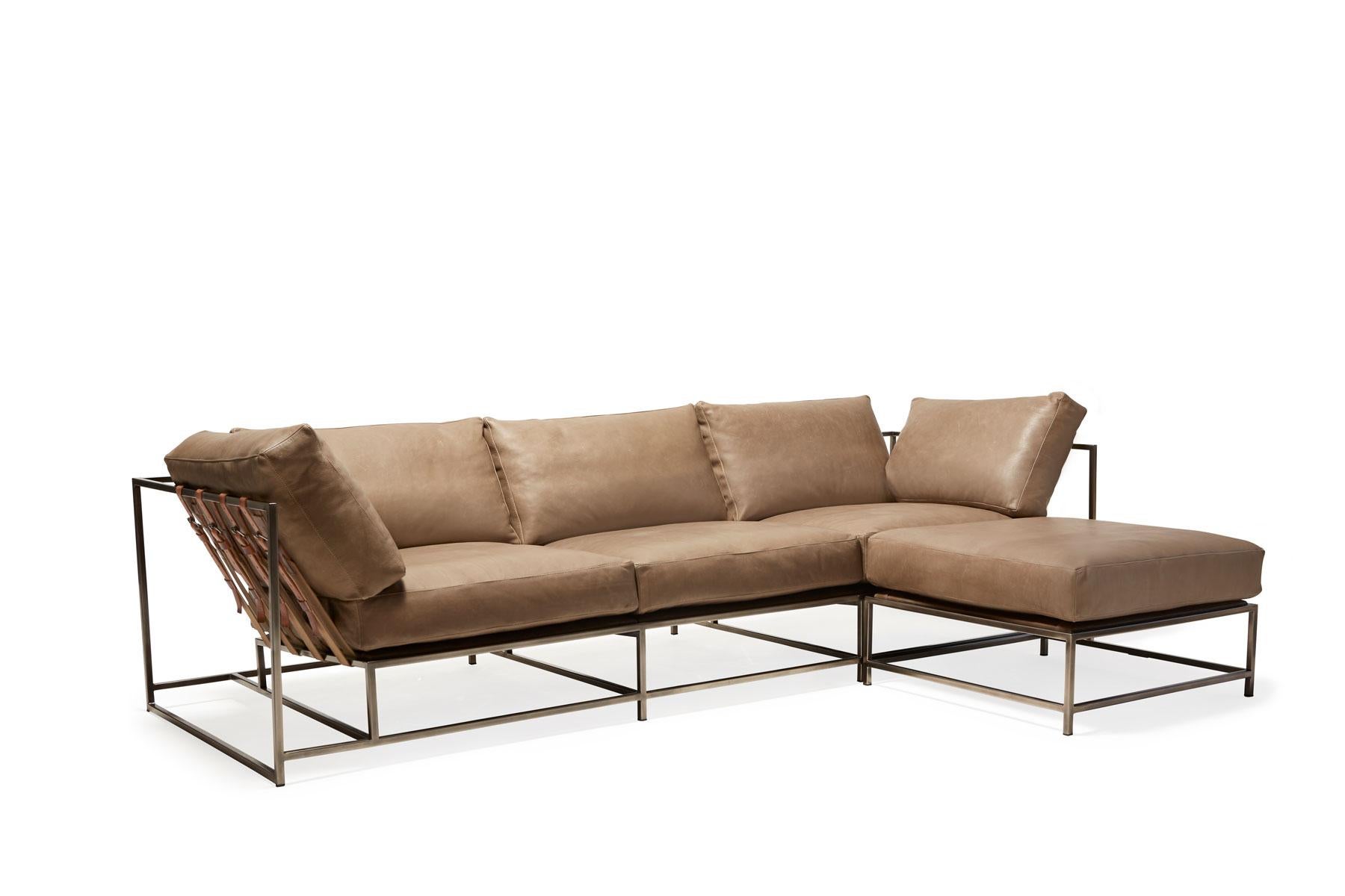 Metalwork Pebbled Taupe Leather & Antique Nickel Sofa For Sale