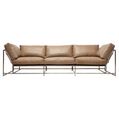 Pebbled Taupe Leather & Antique Nickel Sofa