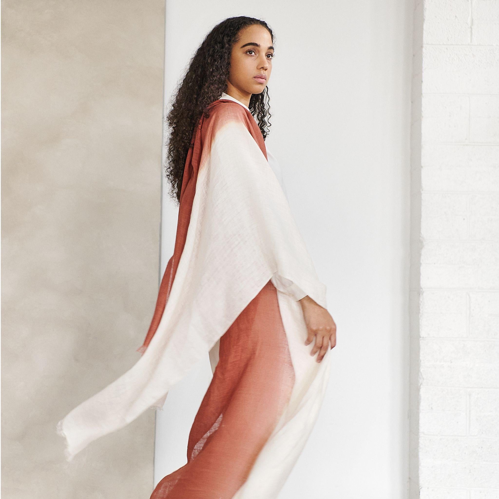Pecan Soft Brown and White Linen Scarf Handwoven By Artisans Neutral Ombre Hues For Sale 5