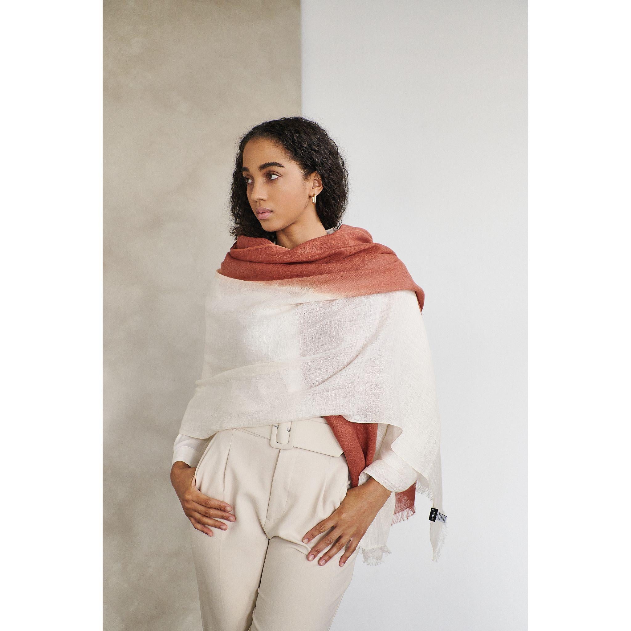 Women's Pecan Soft Brown and White Linen Scarf Handwoven By Artisans Neutral Ombre Hues For Sale