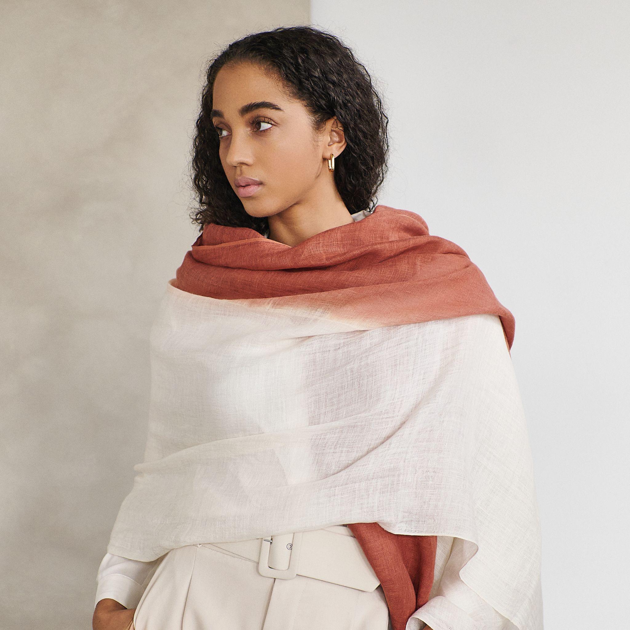 Pecan Soft Brown and White Linen Scarf Handwoven By Artisans Neutral Ombre Hues For Sale 1