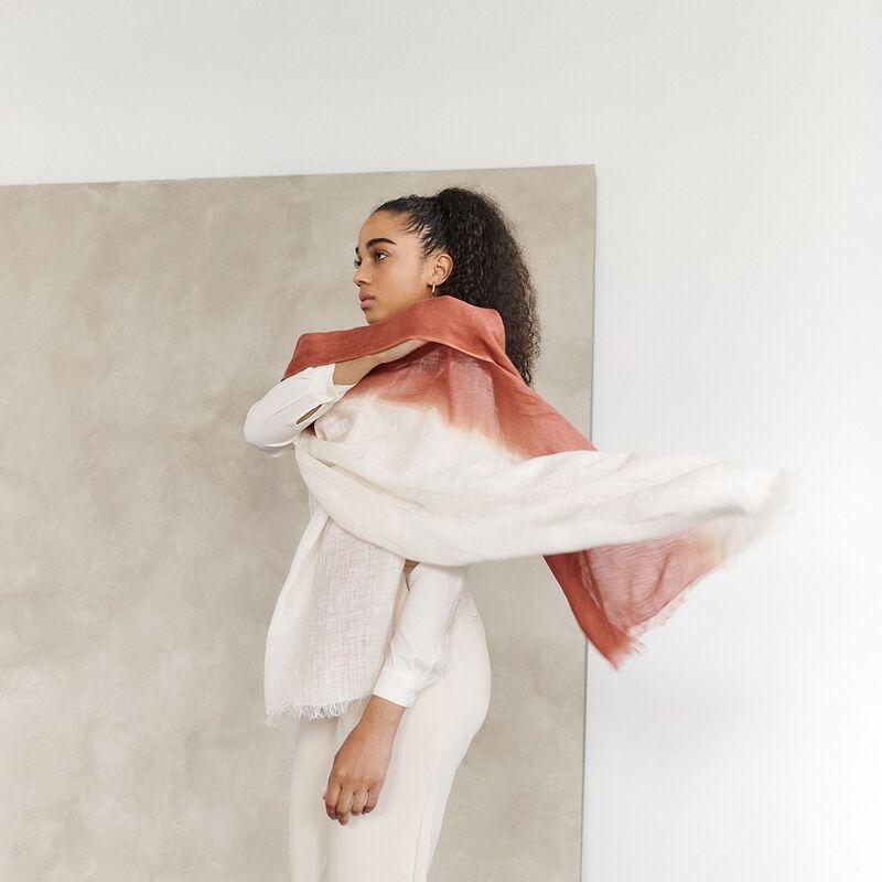 Pecan Soft Brown and White Linen Scarf Handwoven By Artisans Neutral Ombre Hues For Sale 2