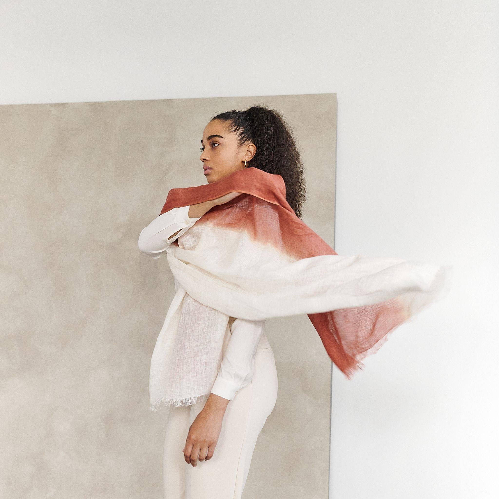 Pecan Soft Brown and White Linen Scarf Handwoven By Artisans Neutral Ombre Hues For Sale 4