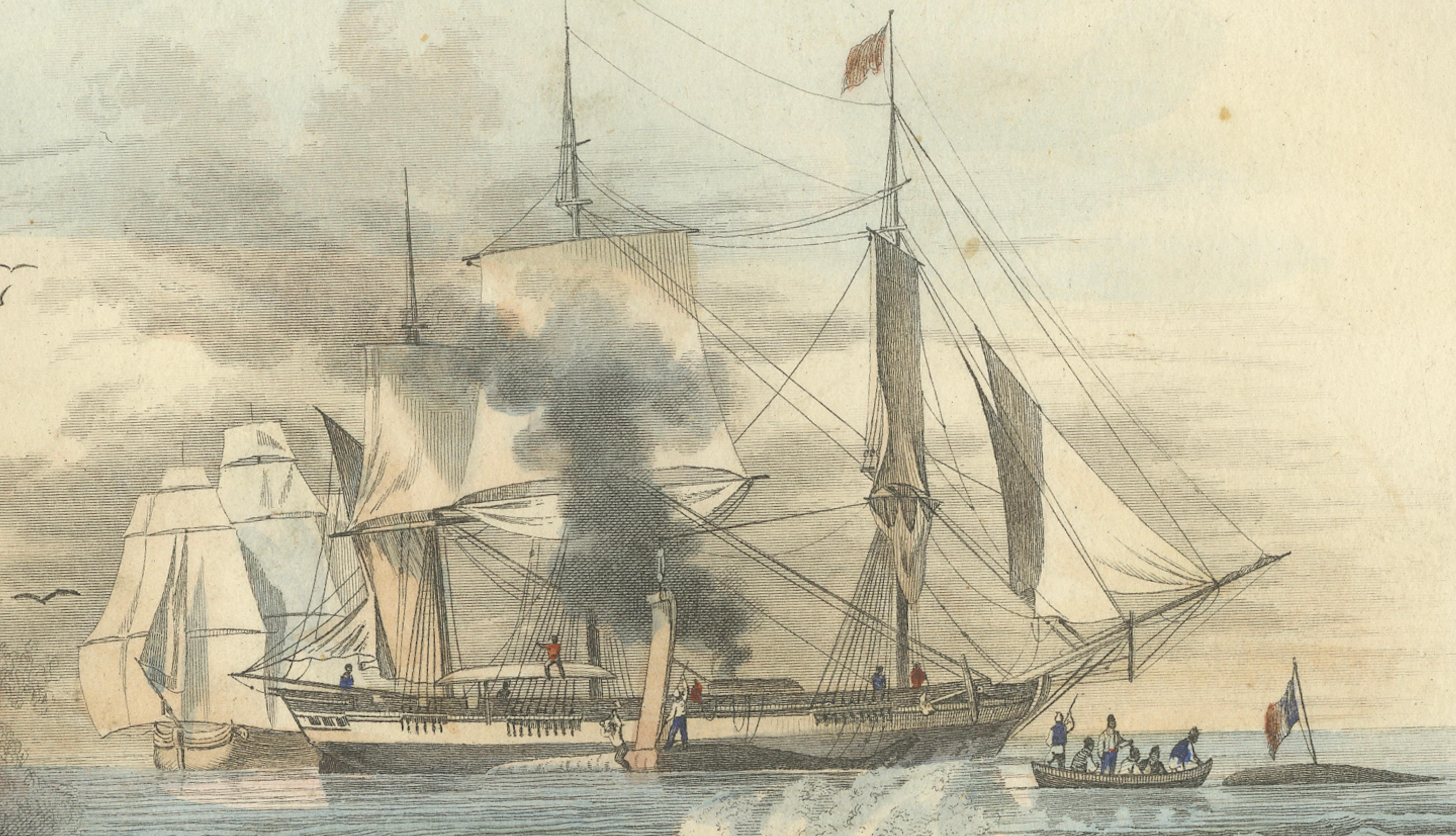 Pêche de la Baleine (Whale Hunt), Hand-Colored Engraving, 1840