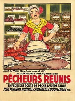 PÊCHEURS RÉUNIS Original Vintage Antique French Art Nouveau Advertising Poster