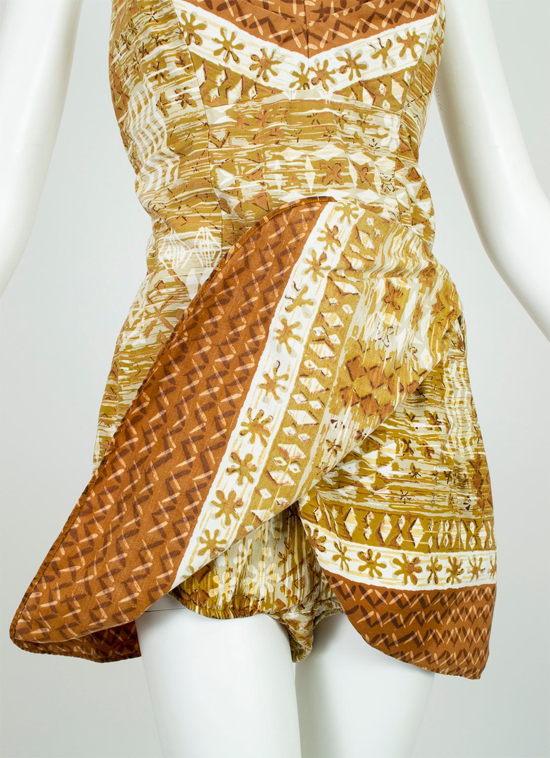 Peck & Peck - Combinaison de plage Tiki ocre à nœud sarong avec combinaison, taille M, années 1960 en vente 5