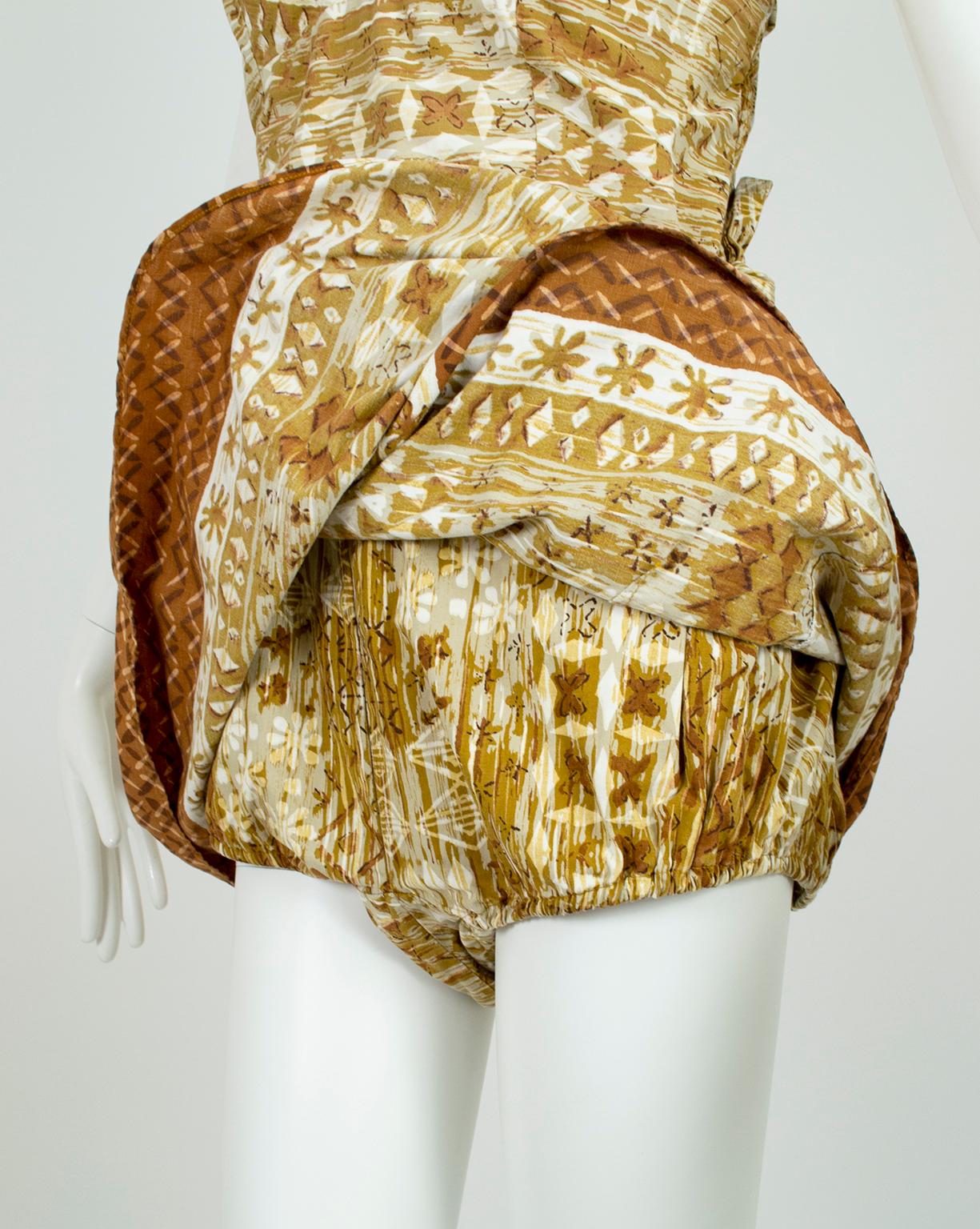 Peck & Peck - Combinaison de plage Tiki ocre à nœud sarong avec combinaison, taille M, années 1960 en vente 6