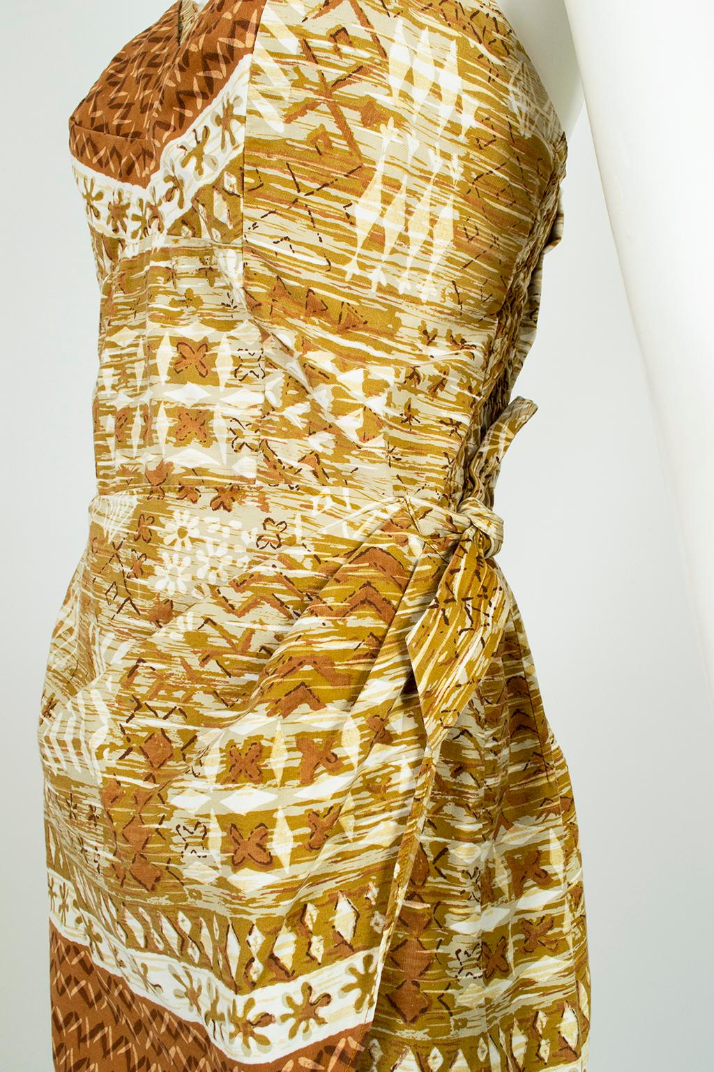 Peck & Peck - Combinaison de plage Tiki ocre à nœud sarong avec combinaison, taille M, années 1960 Pour femmes en vente