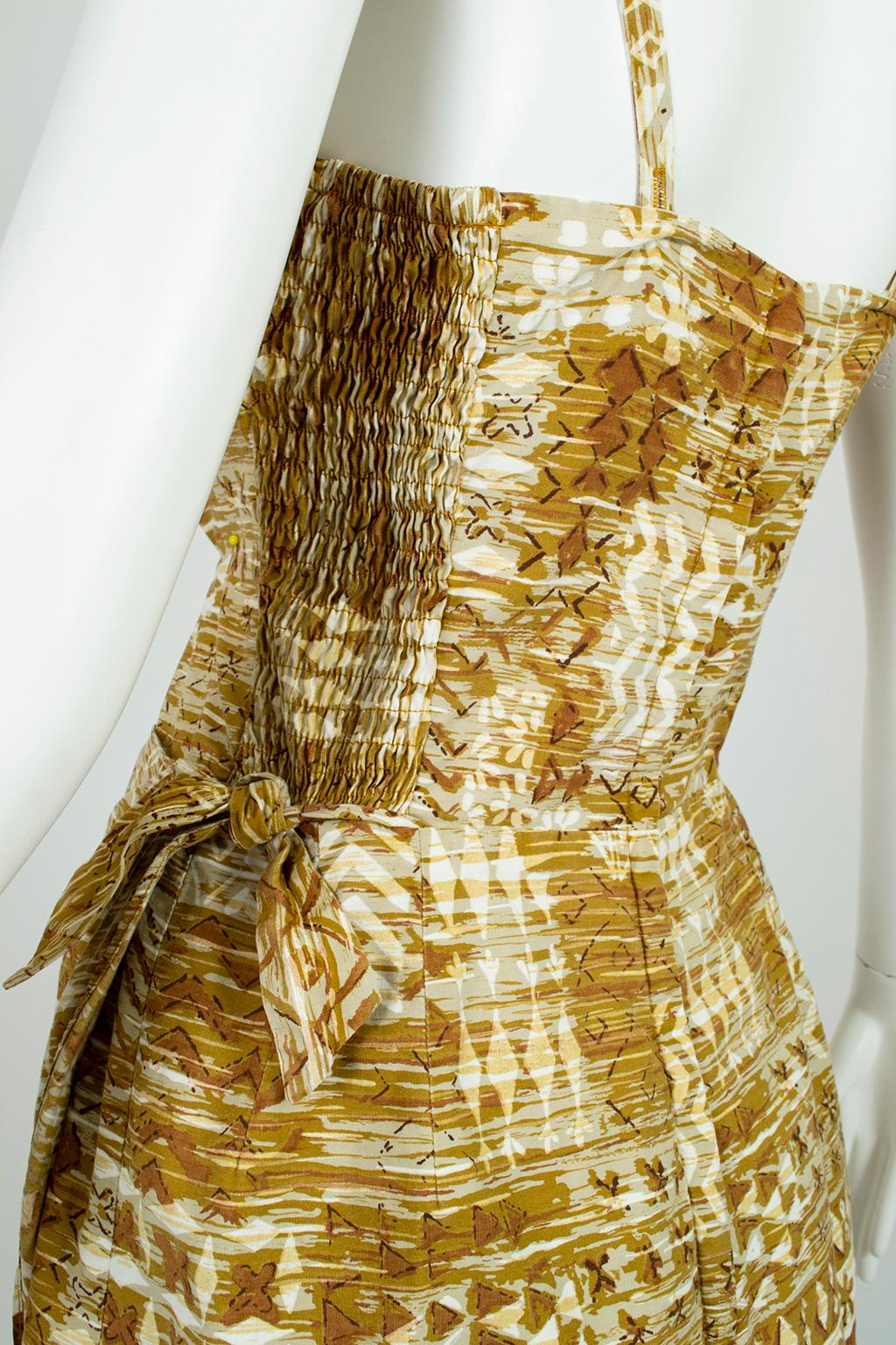 Peck & Peck - Combinaison de plage Tiki ocre à nœud sarong avec combinaison, taille M, années 1960 en vente 2