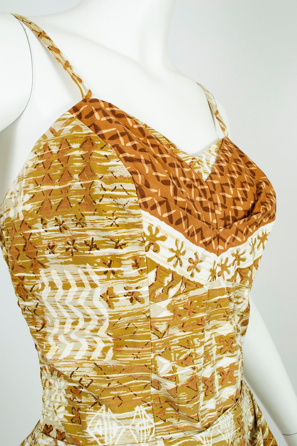 Women's Peck & Peck Ochre Tiki Sarong-Tie Play Suit Swimsuit Beach Romper – M, 1960s For Sale