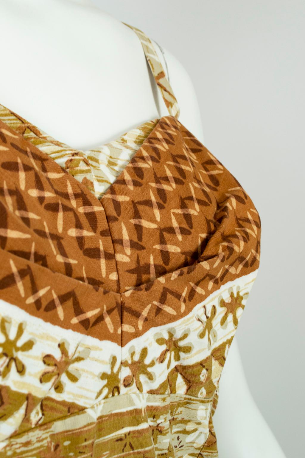 Peck & Peck - Combinaison de plage Tiki ocre à nœud sarong avec combinaison, taille M, années 1960 en vente 4