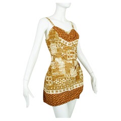 Peck & Peck - Combinaison de plage Tiki ocre à nœud sarong avec combinaison, taille M, années 1960