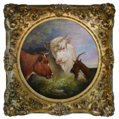 peinture anglaise du 19e siècle représentant des animaux de ferme:: "Pecking Order":: par William Huggins