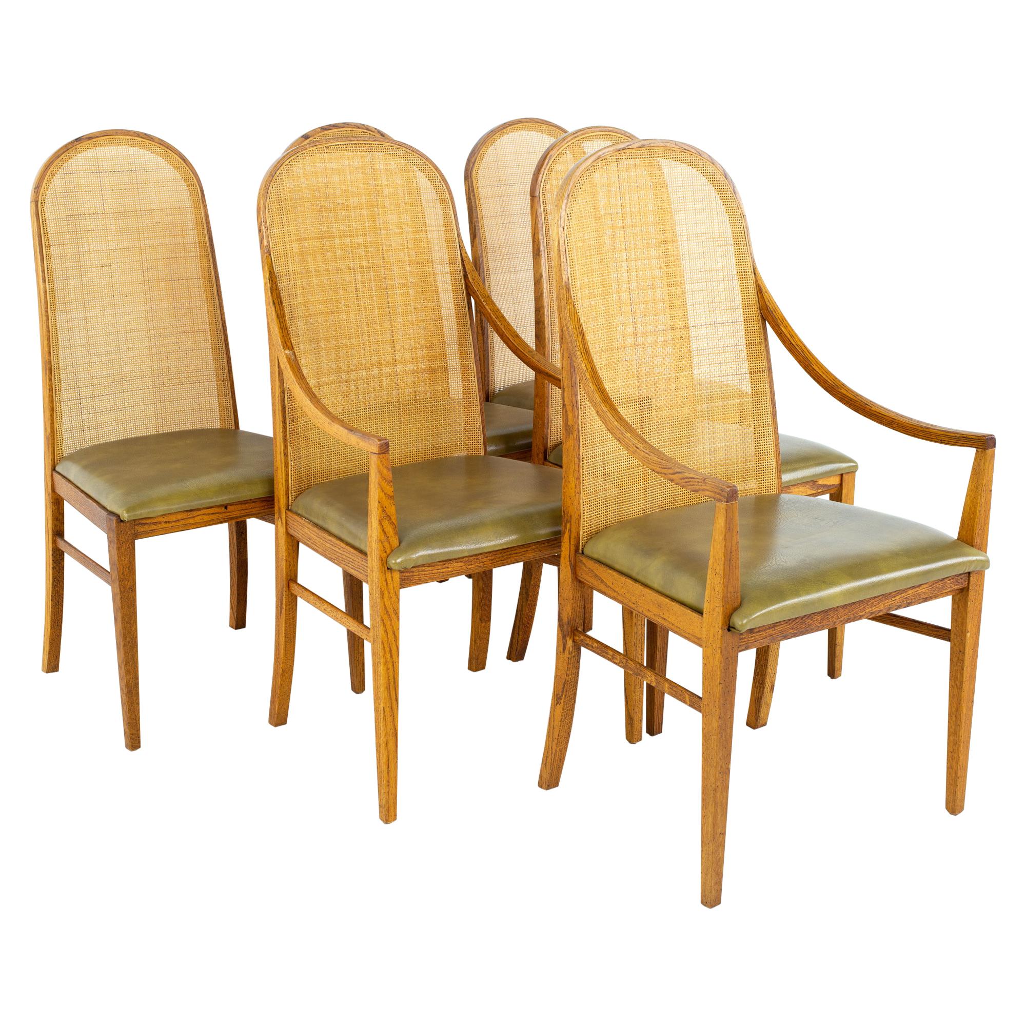 Dillingham Style MCM Oak and Cane Dining Chairs, Set of 6