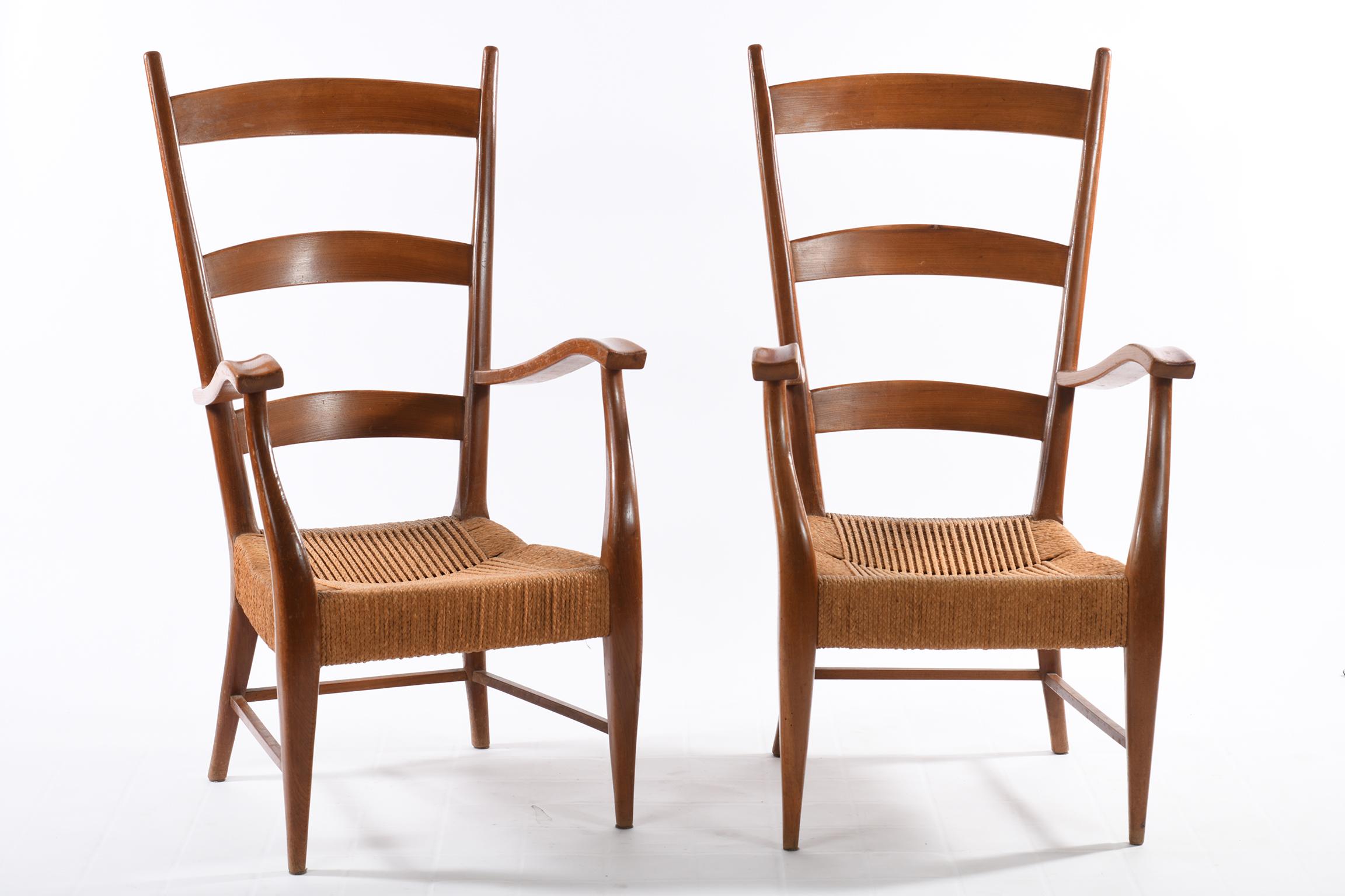 Mid-Century Modern Pecorini Florence Italy Midcentury Pair of Armchairs Seat with Braided Rope