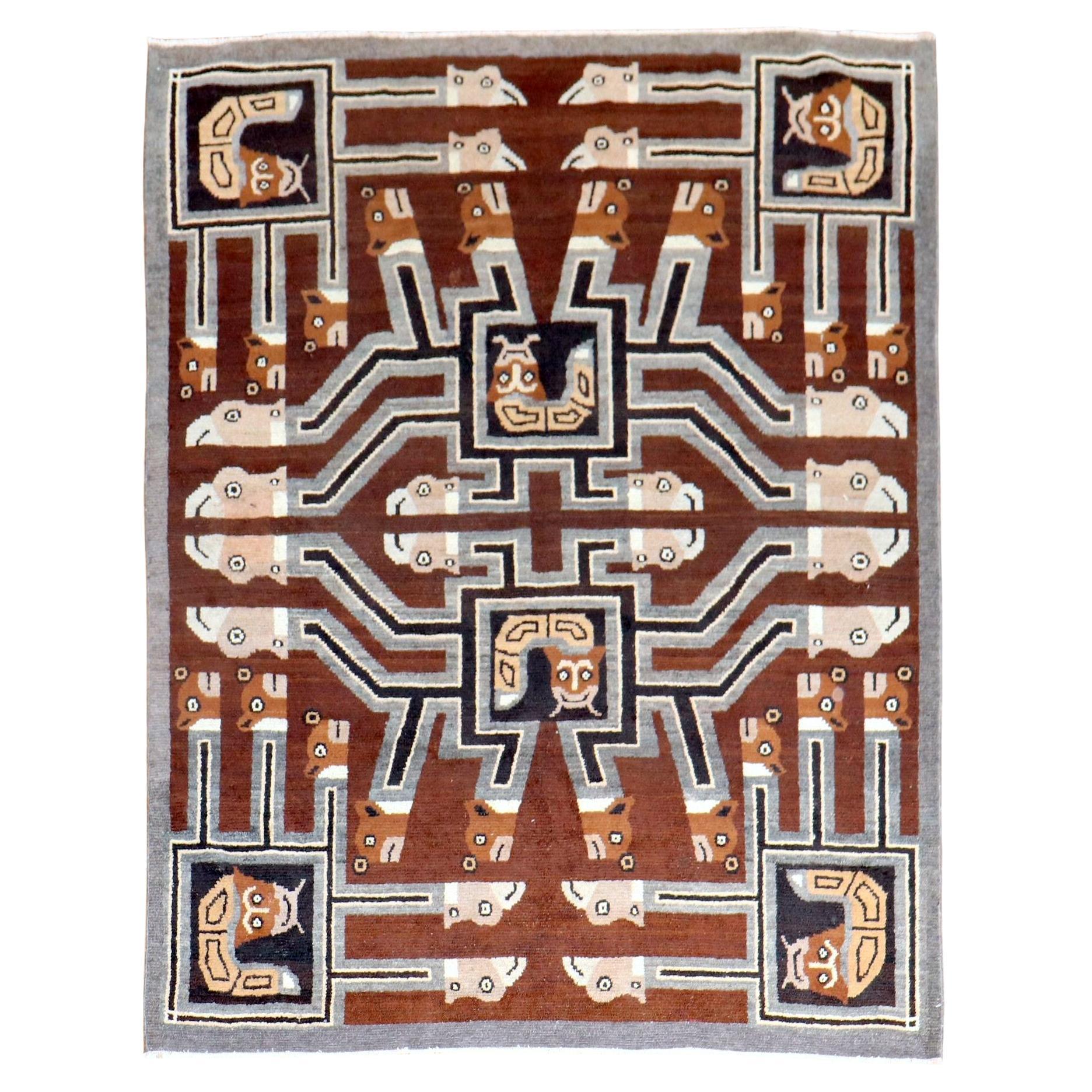 Peculiar Indonesian Pictorial Square Head Rug For Sale