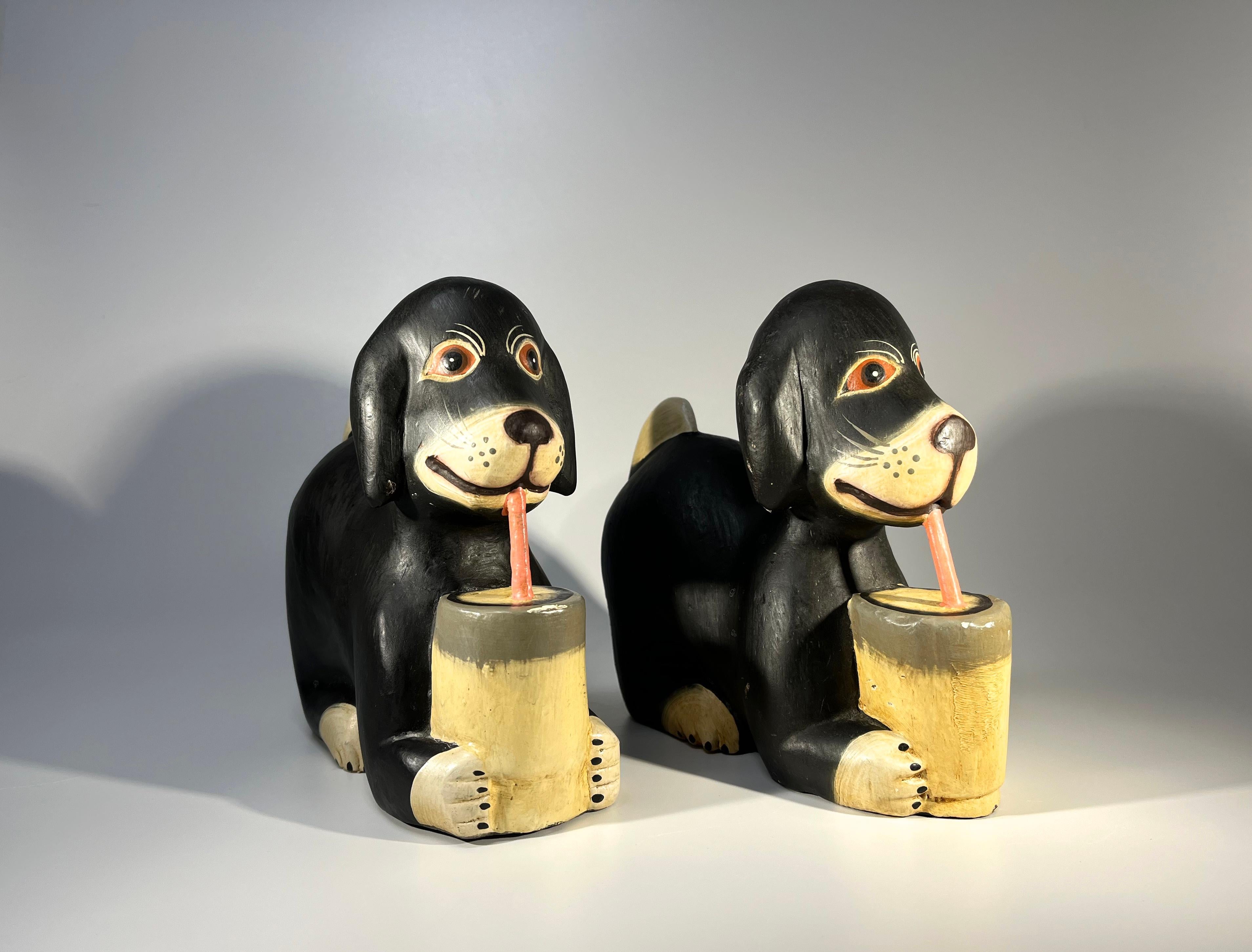 Peculiar Pair of Carved Wood Joyful Dogs Drinking Through Straws 3