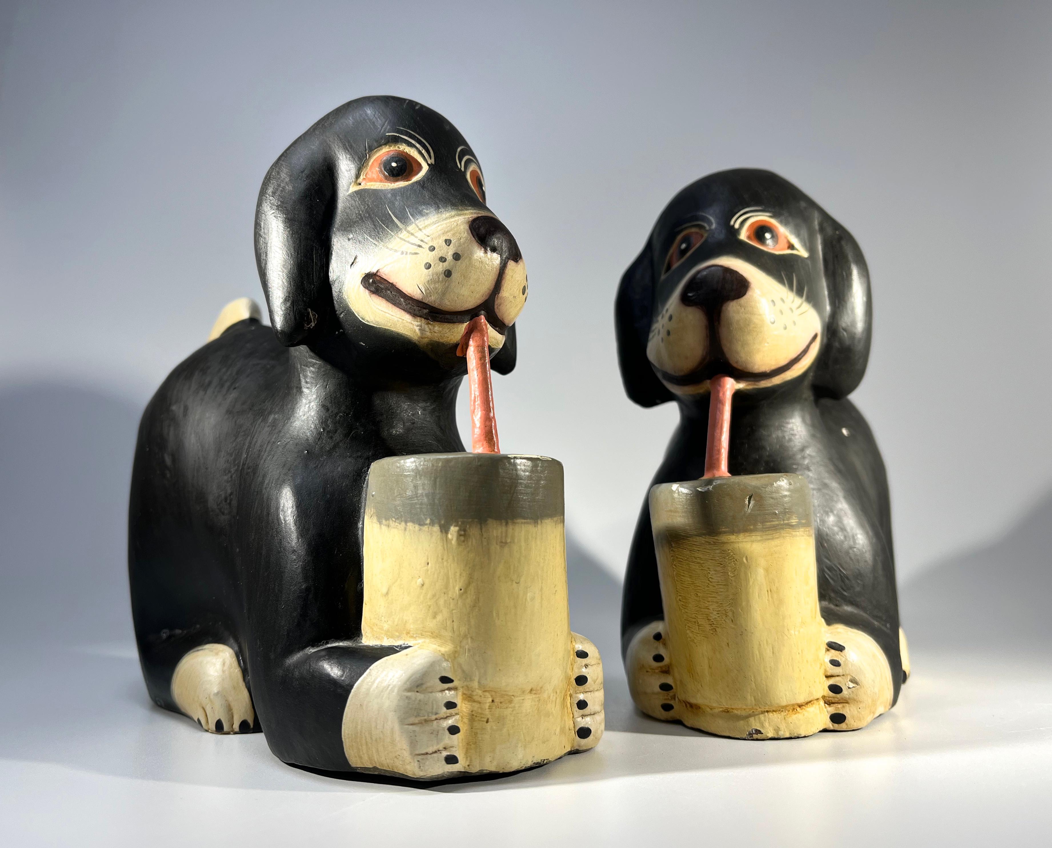 Utterly mystifying pair of dogs enjoying what appears to be drinking through straws
An eccentric pair of carved lightweight wood figures
Possibly unique, certainly novel
Perhaps circa late 20th Century
Height 6.5 inch, Width 3.25 inch, Depth 6.5