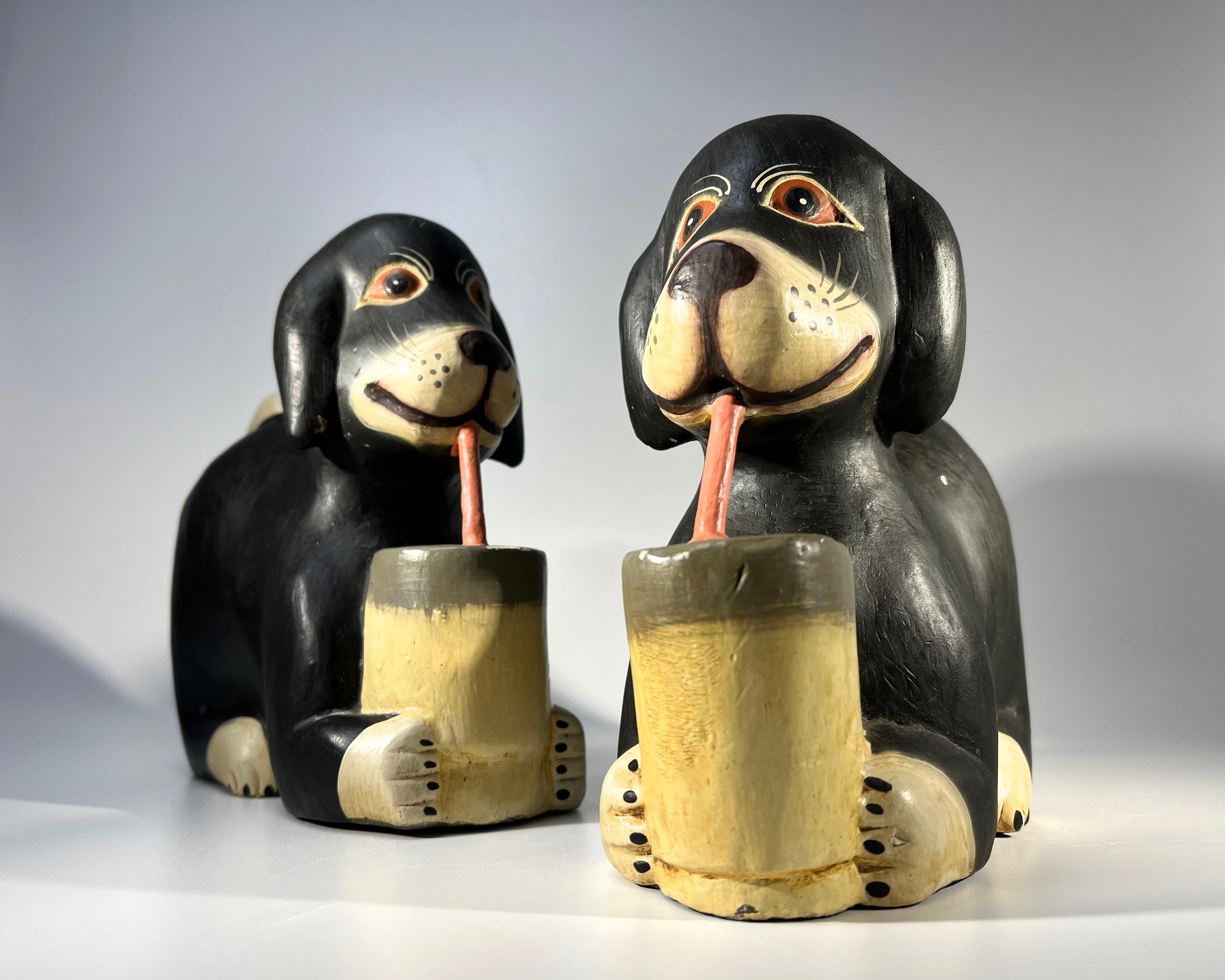 Mid-Century Modern Peculiar Pair of Carved Wood Joyful Dogs Drinking Through Straws