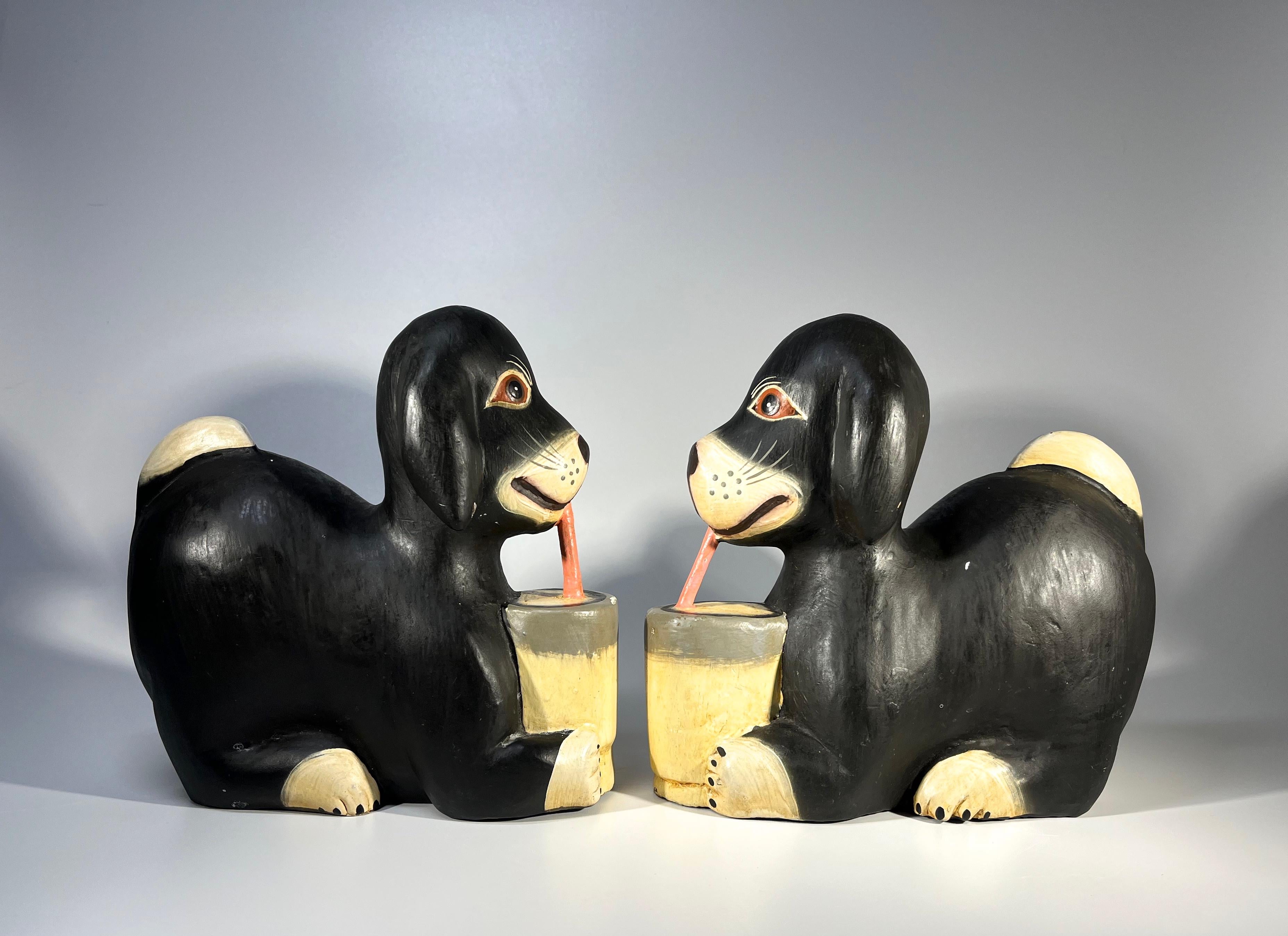Unknown Peculiar Pair of Carved Wood Joyful Dogs Drinking Through Straws