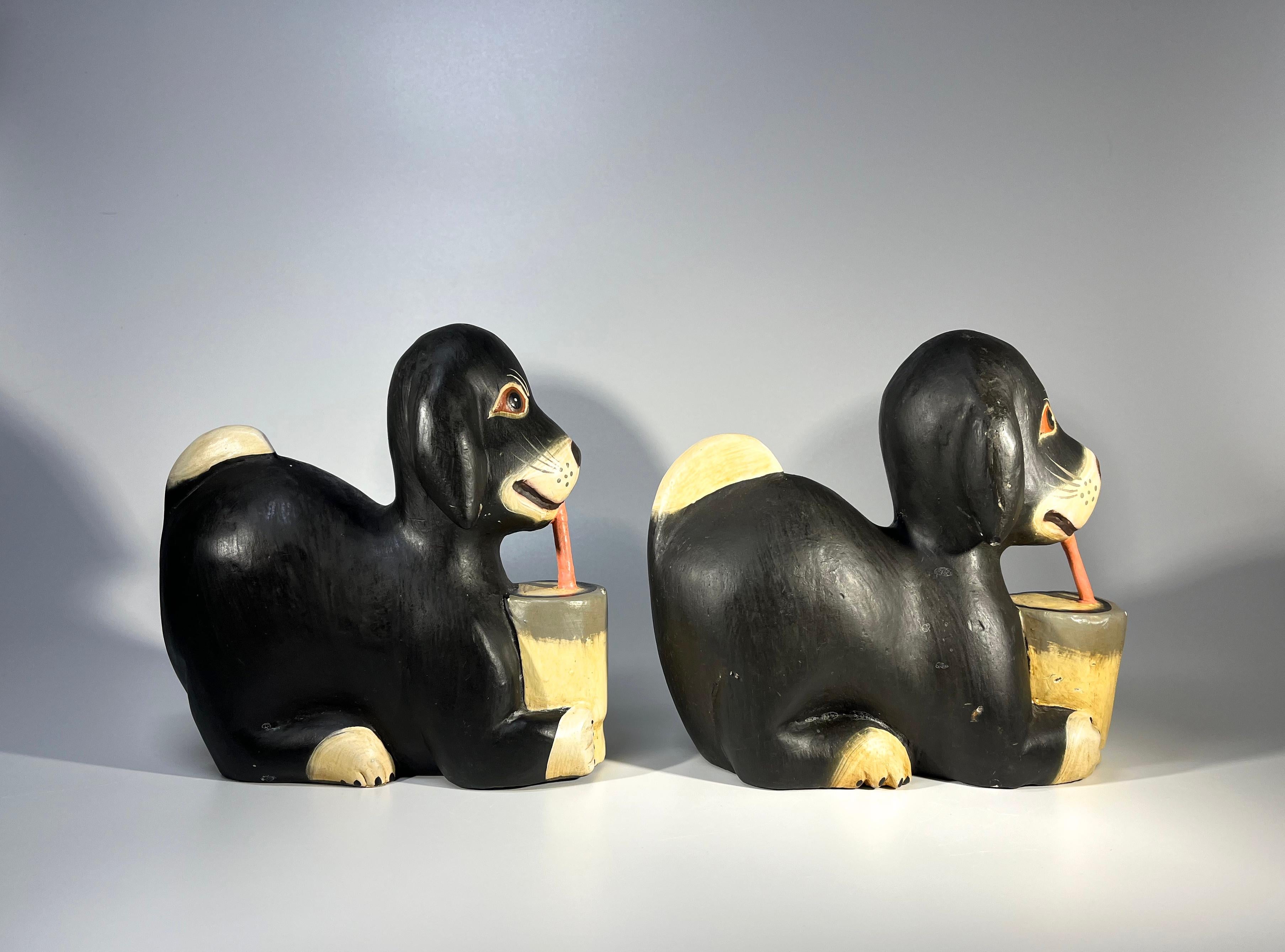20th Century Peculiar Pair of Carved Wood Joyful Dogs Drinking Through Straws