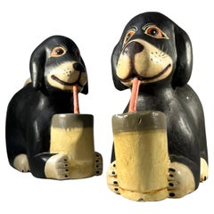 Peculiar Pair of Carved Wood Joyful Dogs Drinking Through Straws
