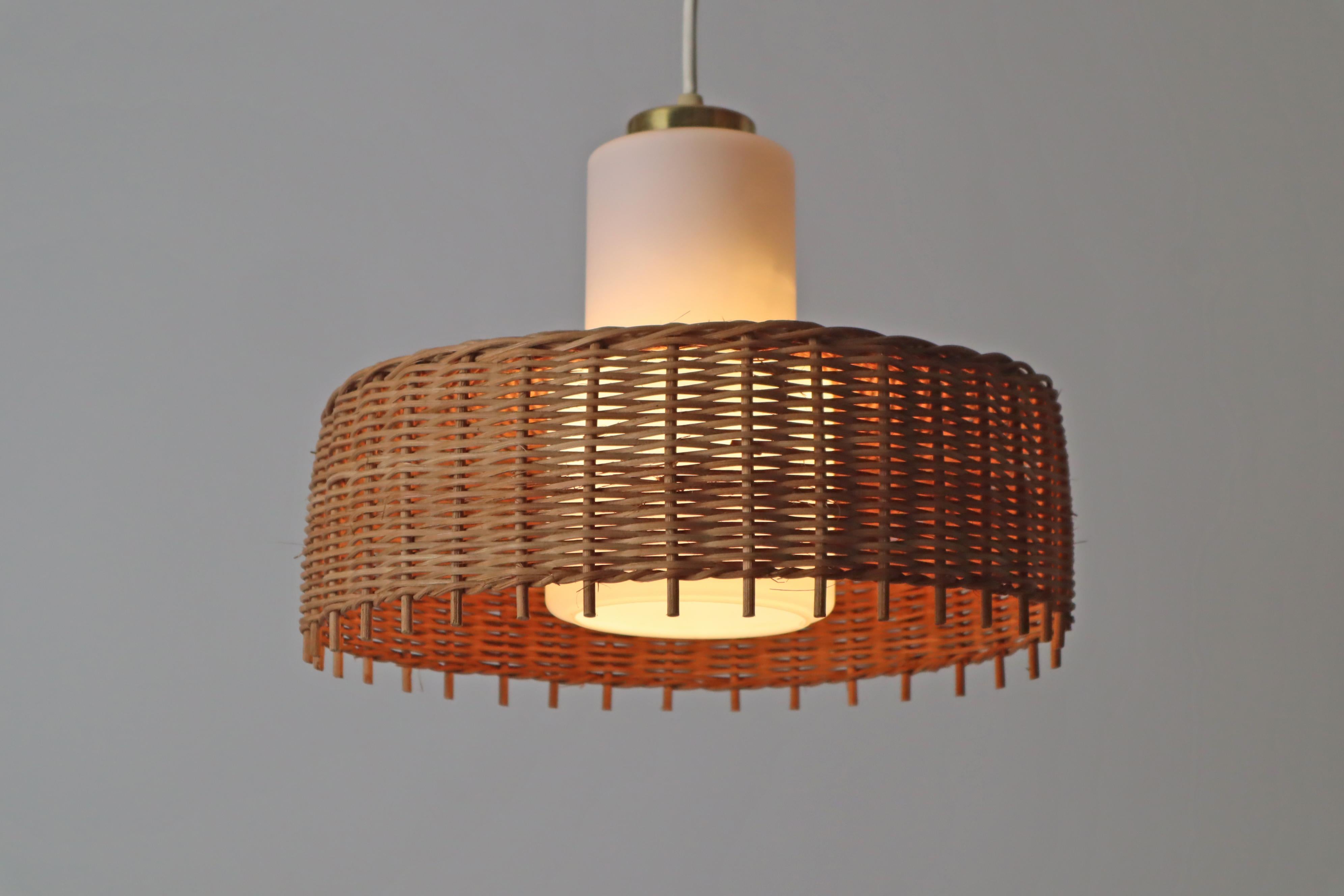 Mid-Century Modern Pedant Lamp from Doria in Opal Glass with Braidet Rattan, Germany 1960s For Sale