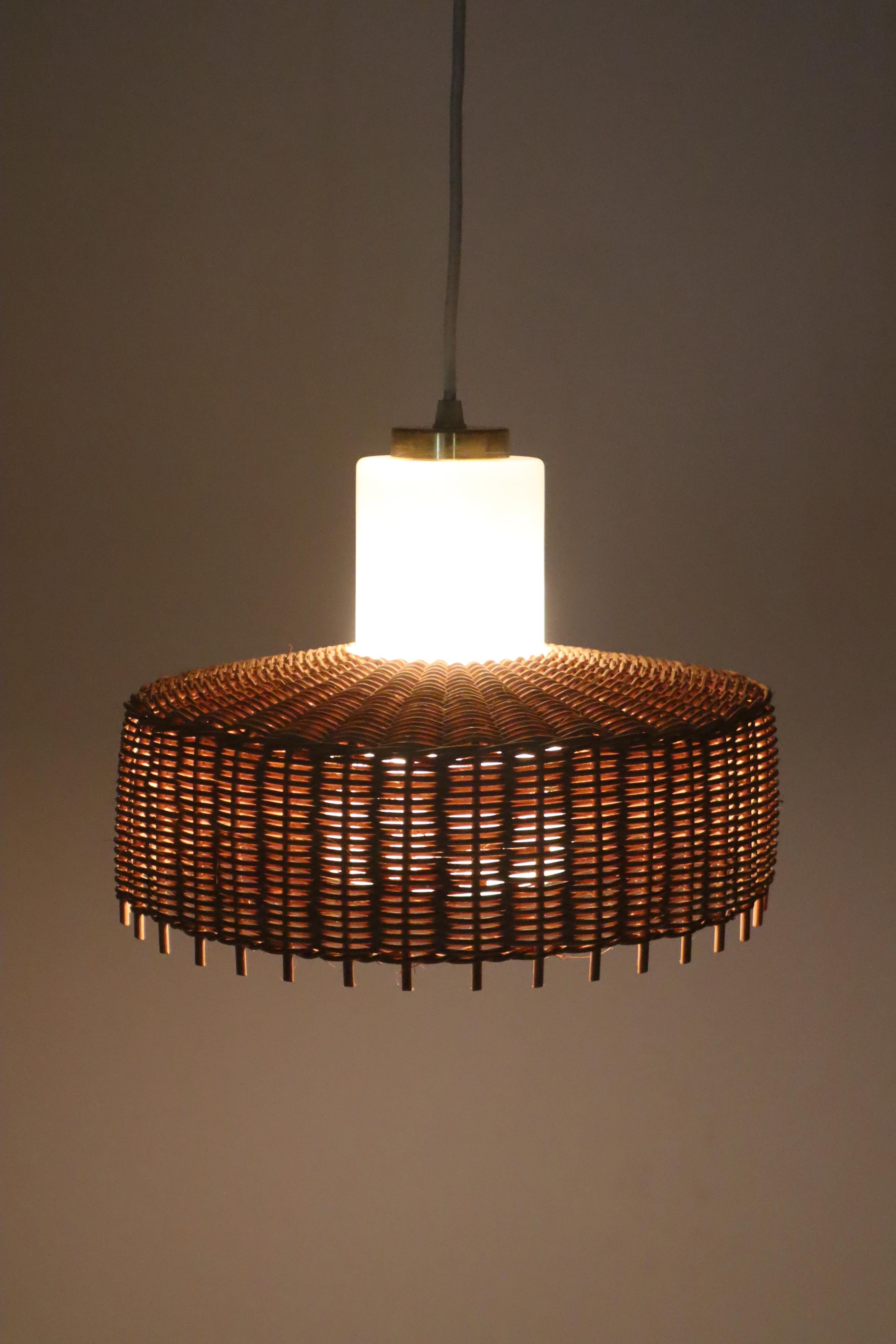 Hand-Crafted Pedant Lamp from Doria in Opal Glass with Braidet Rattan, Germany 1960s For Sale