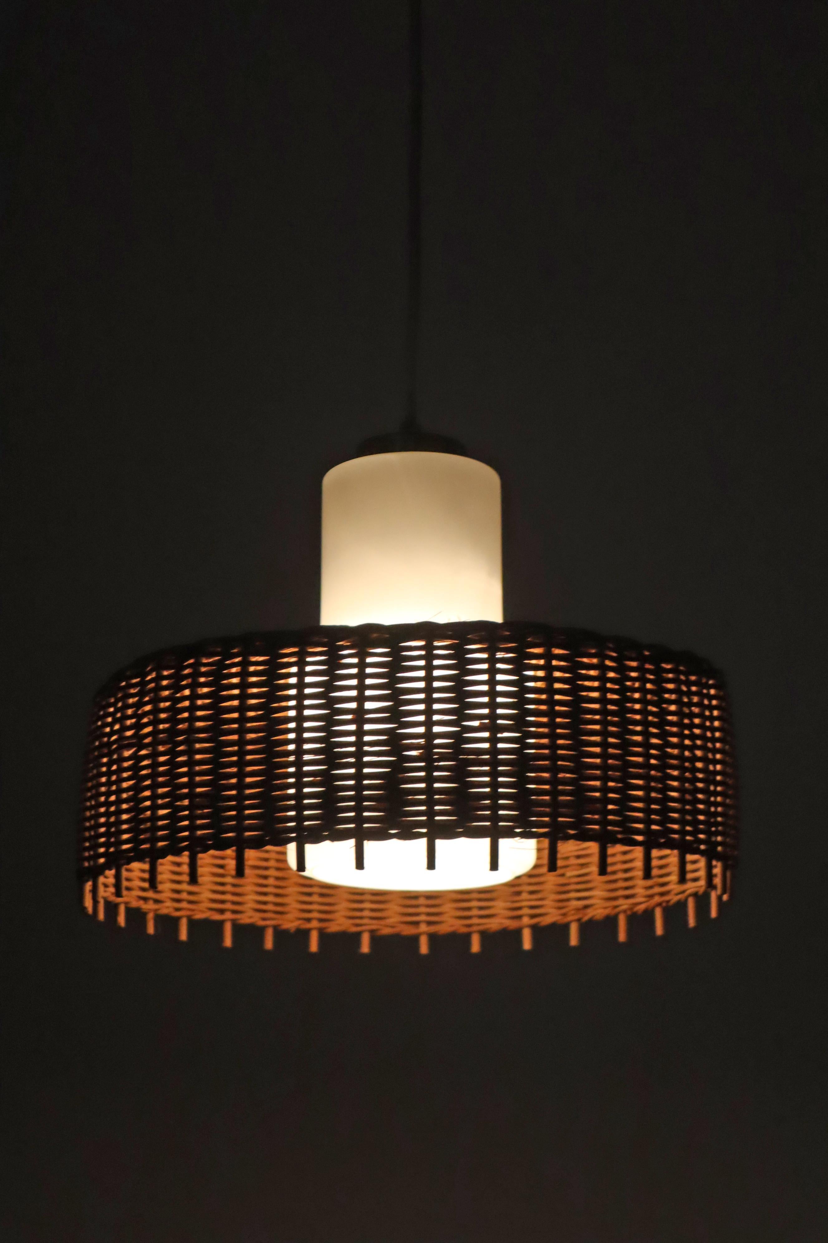 Pedant Lamp from Doria in Opal Glass with Braidet Rattan, Germany 1960s In Good Condition For Sale In Hannover, DE