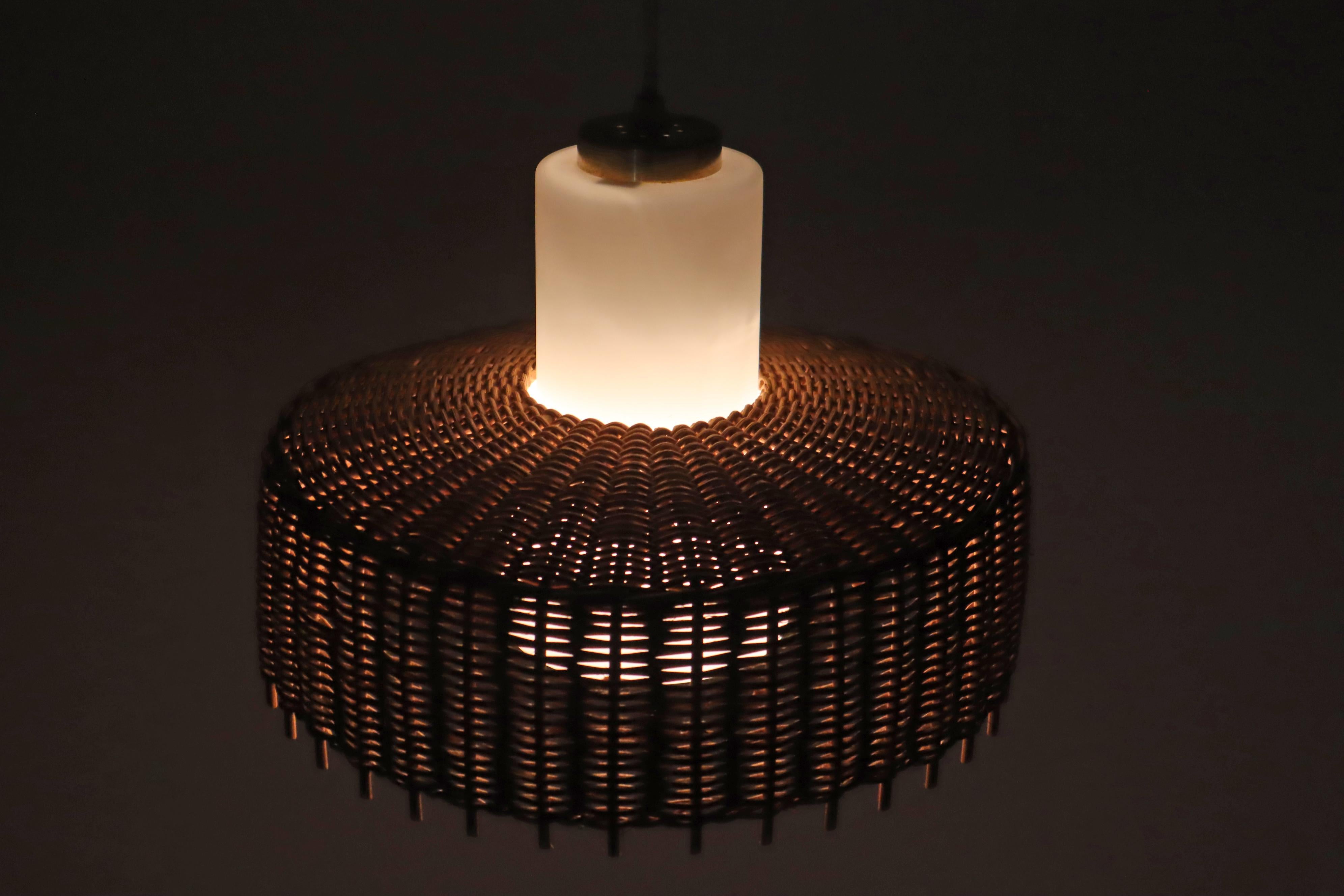 Mid-20th Century Pedant Lamp from Doria in Opal Glass with Braidet Rattan, Germany 1960s For Sale
