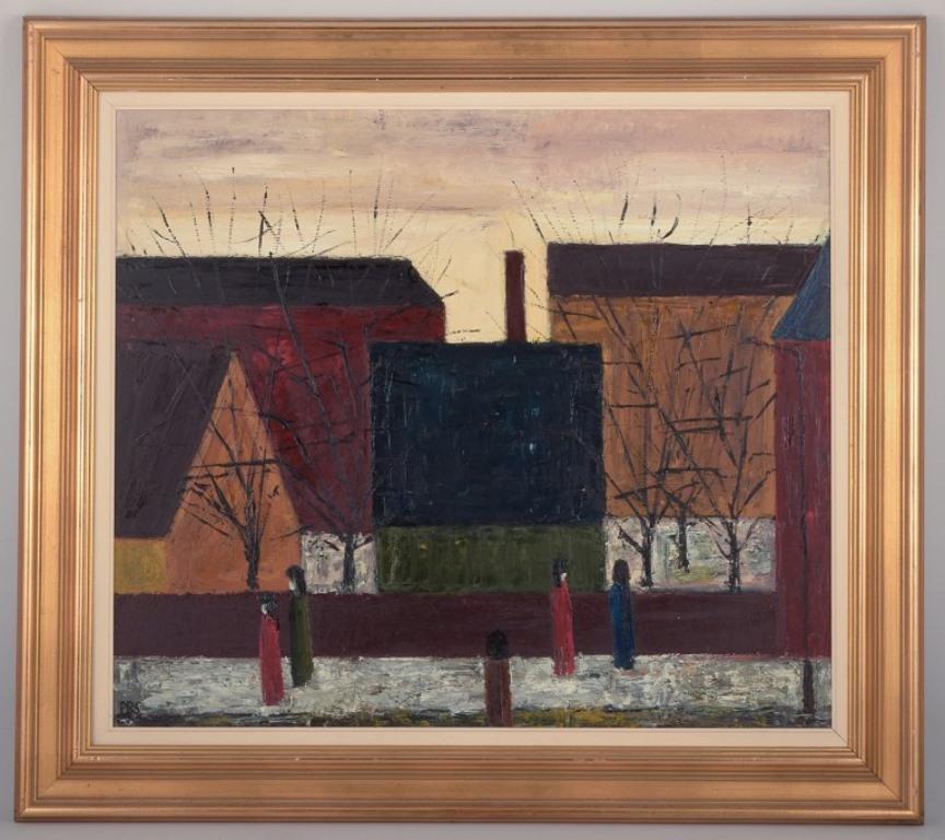 Peder Brøndum Sørensen (1931-2003), pittore danese.
Olio su tavola.
Figure e case.
Anni '60/'70.
Firmato PBS.
In perfette condizioni.
Dimensioni: 74,0 cm x 64,0 cm.
Totale con cornice: 93,5 cm x 83,5 cm.