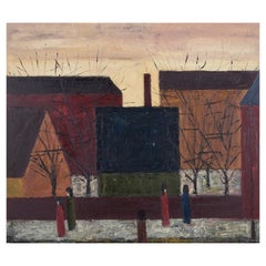 Peder Brøndum Sørensen. Huile sur planche. Figures et maisons